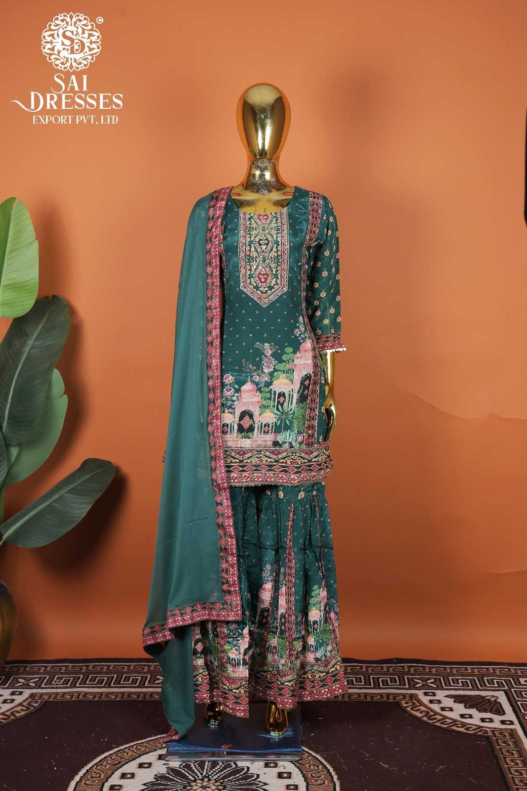 PREMIUM PURE VISCOSE NATURAL CREPE SEQUENCE WORK DIGITAL PRINTED KURTI WITH MATCHING SHARARA & DUPATTA – RICH TEAL GREEN COLOUR
