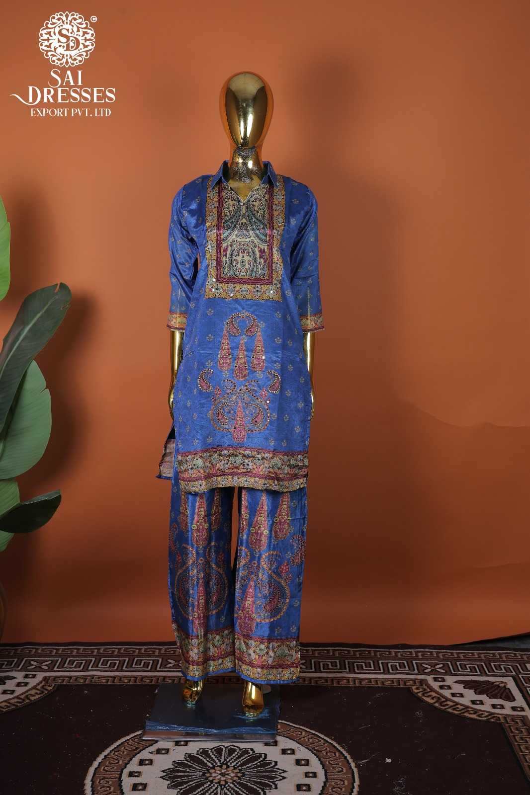 PURE CHINON BLUE KURTI PANT SET FEATURING ELEGANT TRADITIONAL WORK