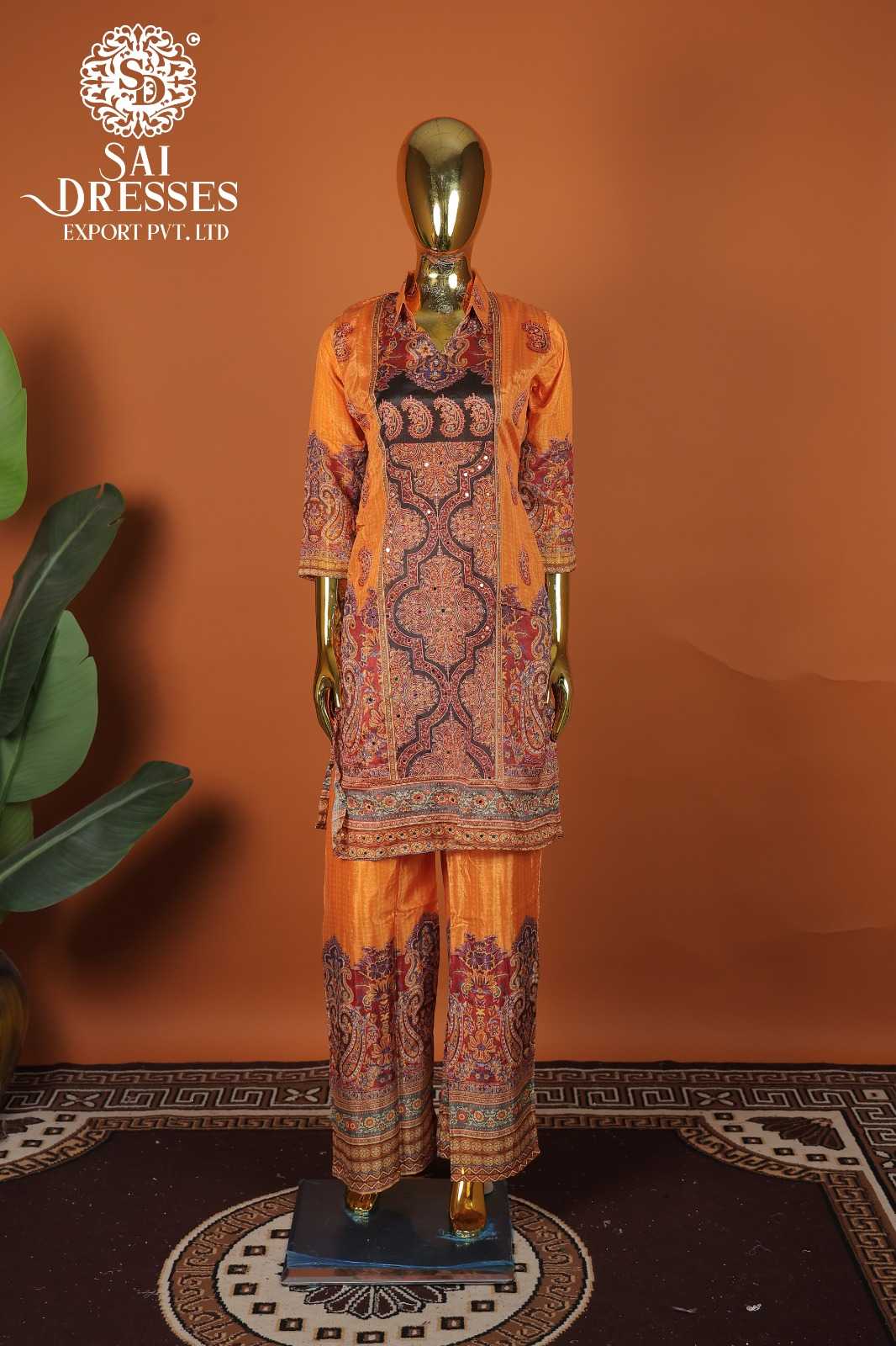 PURE CHINON ORANGE KURTI PANT SET WITH RICH DESIGNER WORK AND TRADITIONAL MOTIFS