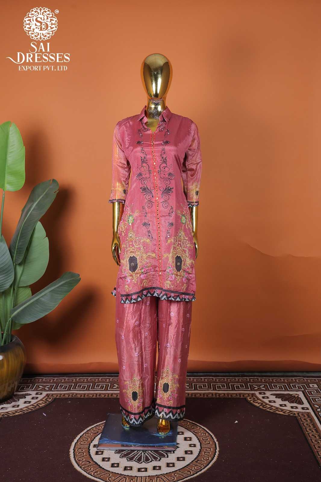 PURE CHINON PINK KURTI PANT SET WITH RICH DESIGNER WORK AND TRADITIONAL MOTIFS