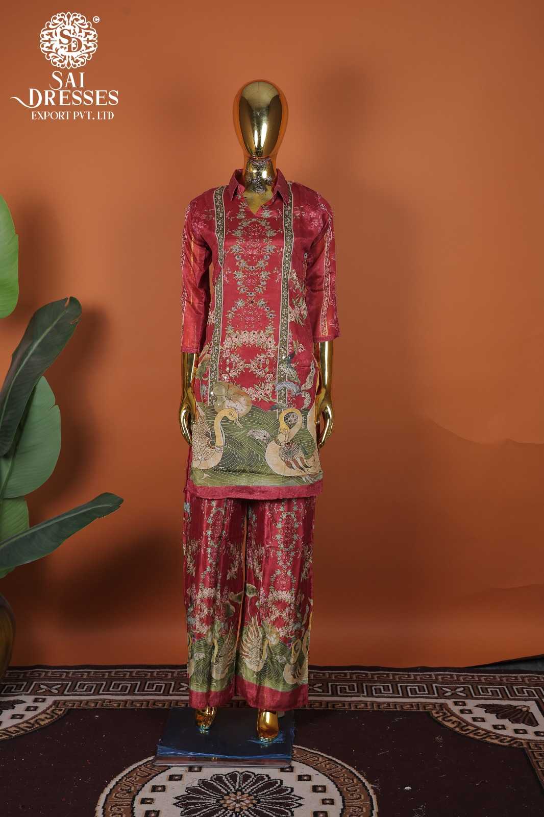 PURE CHINON RUST RED KURTI PANT SET FEATURING ELEGANT TRADITIONAL WORK