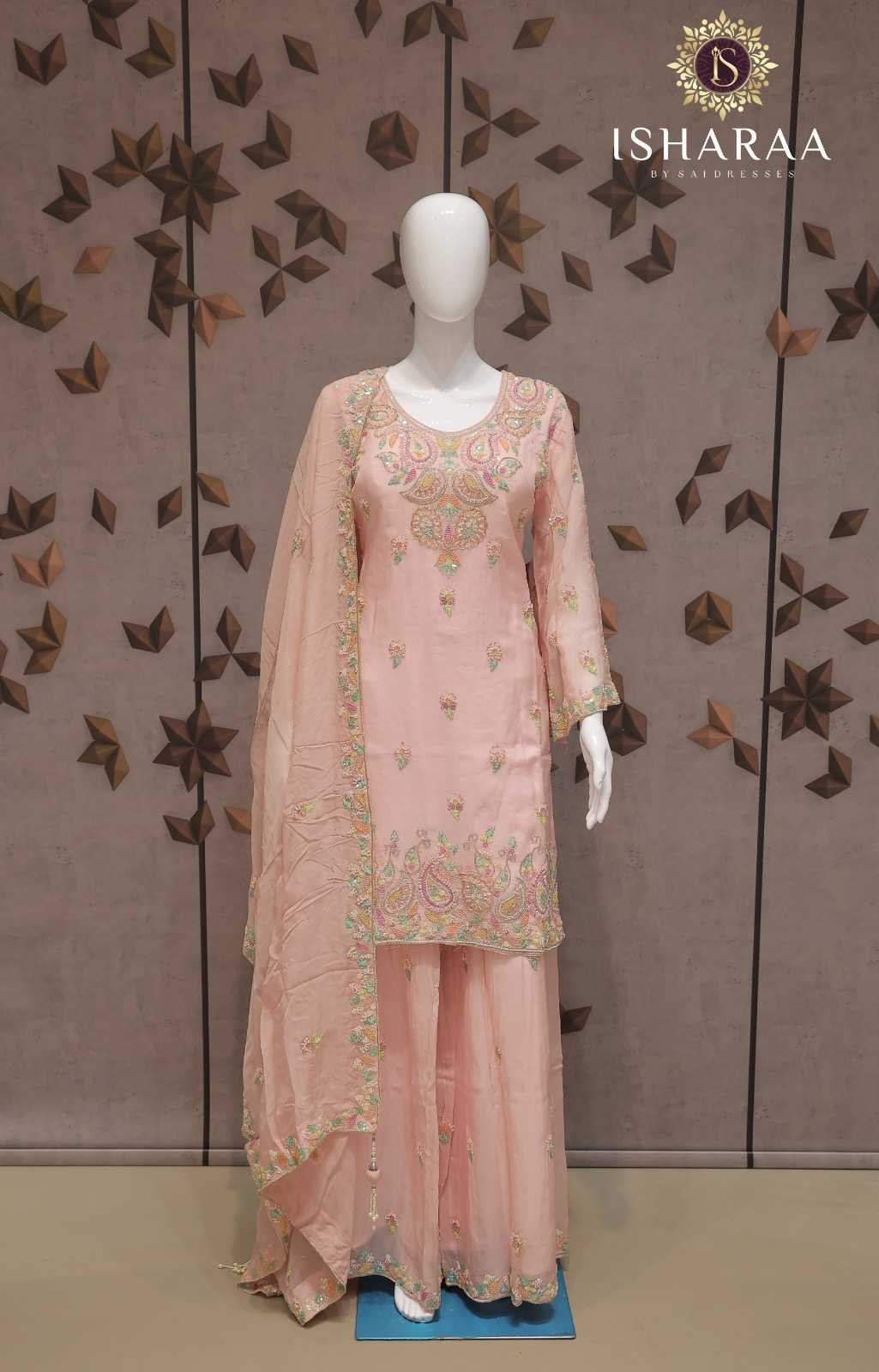 PURE ORGANZA BLUSH PEACH HEAVY EMBROIDERED STRAIGHT KURTI SET WITH SHARARA AND MATCHING DUPATTA