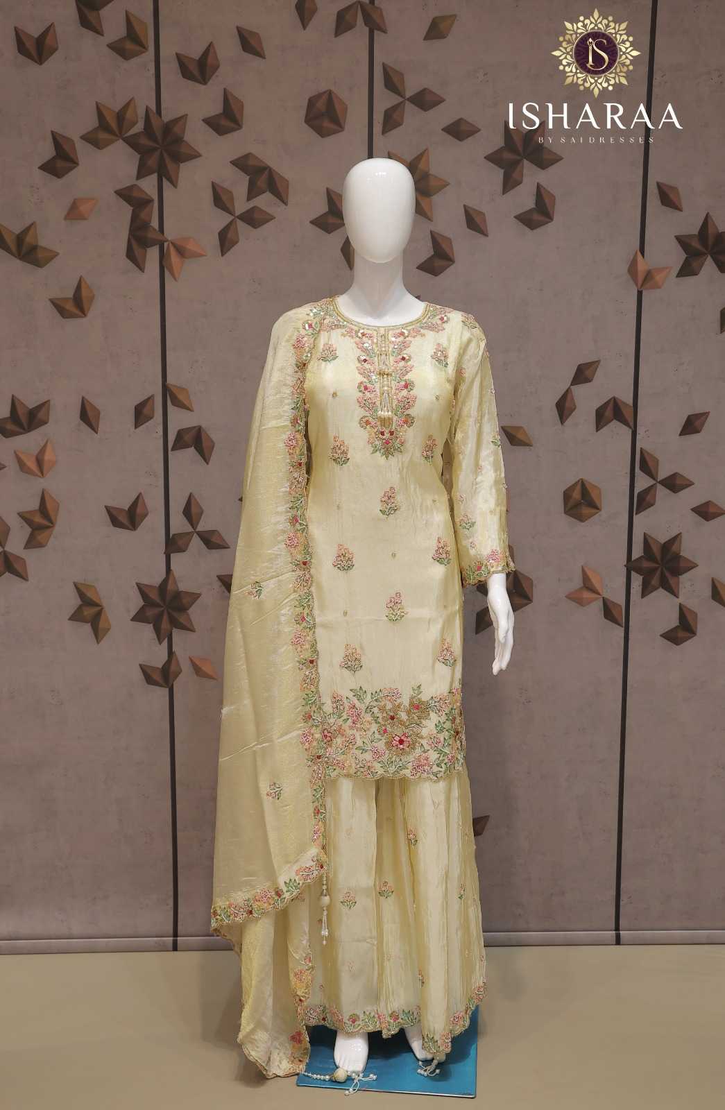 PURE SHIMMER PISTA YELLOW HEAVY FLORAL EMBROIDERED STRAIGHT KURTI SET WITH SHARARA AND MATCHING DUPATTA