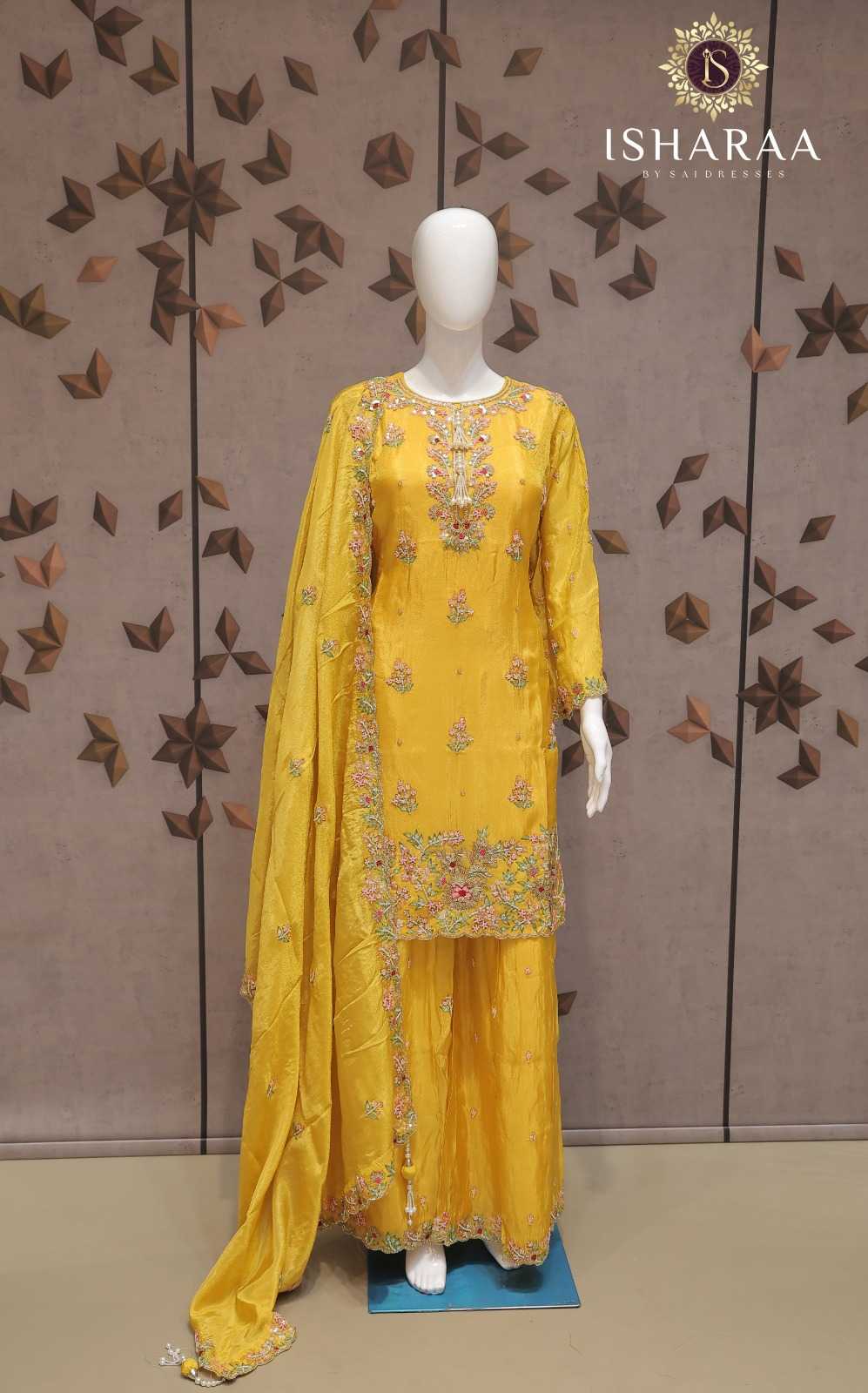 PURE SHIMMER SUNFLOWER YELLOW HEAVY FLORAL EMBROIDERED STRAIGHT KURTI SET WITH SHARARA AND MATCHING DUPATTA