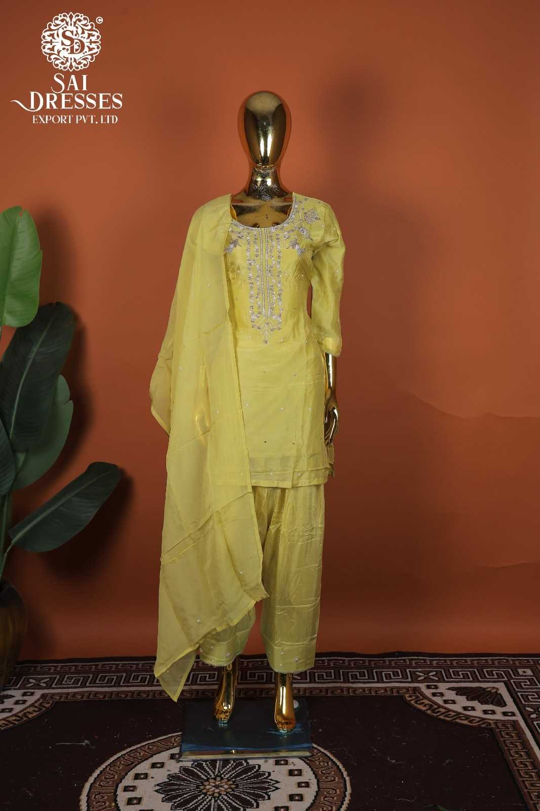 PURE VISCOSE CHINON HEAVY HANDWORK EMBROIDERED SALWAR SUIT SET IN BUTTER YELLOW