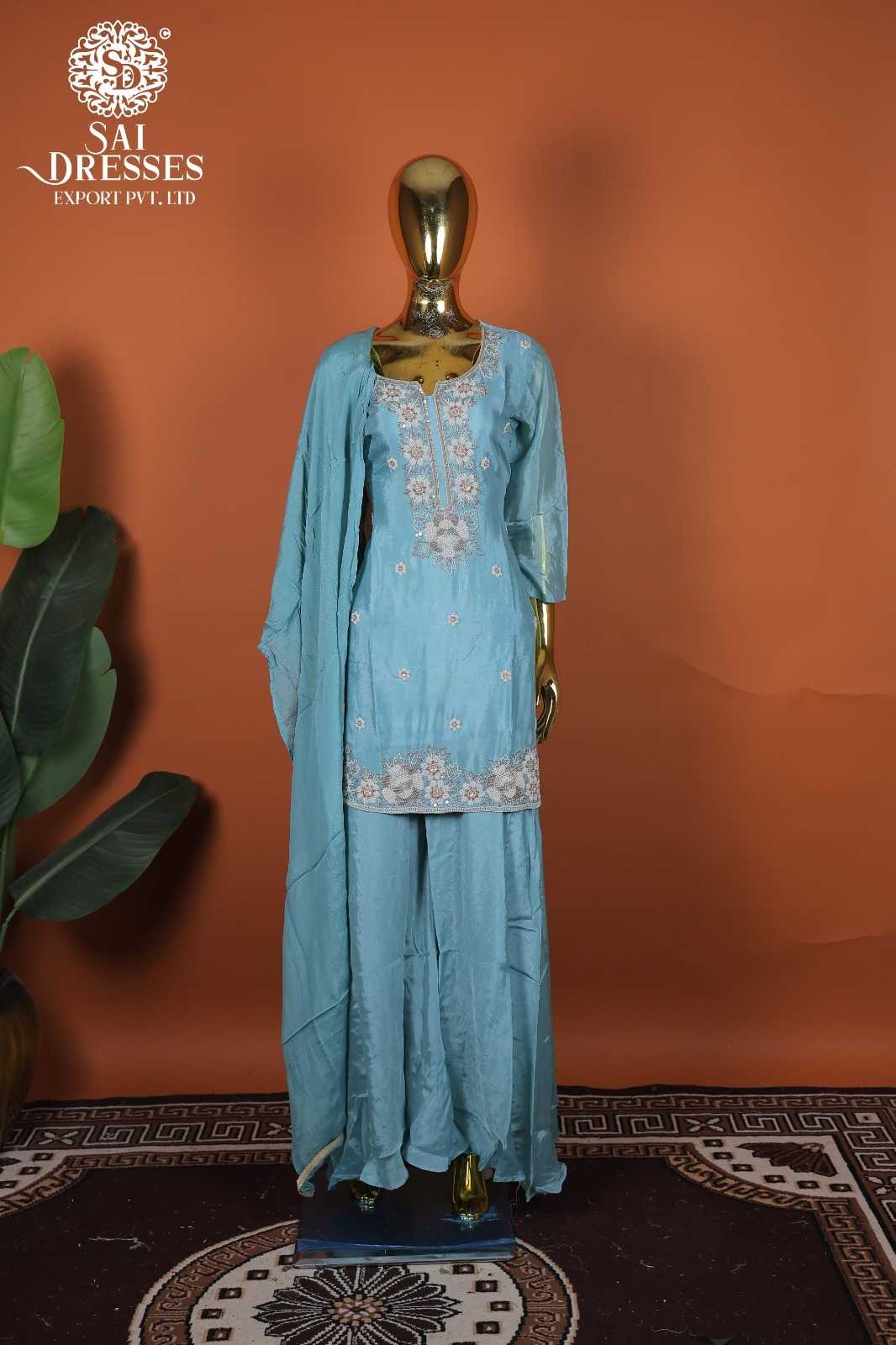 PURE VISCOSE CHINON HEAVY HANDWORK EMBROIDERED SALWAR SUIT SET IN SKY BLUE