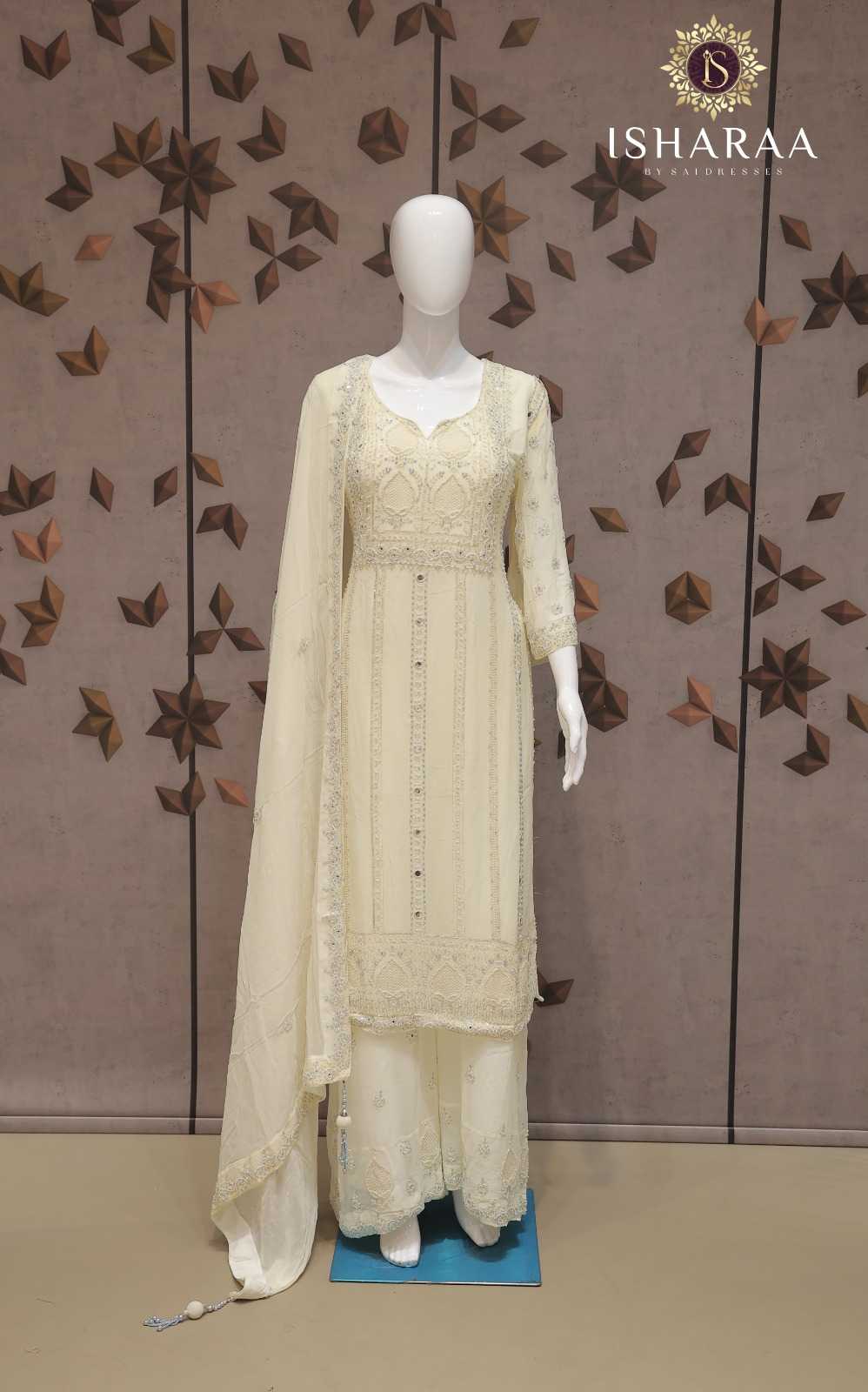 PURE VISCOSE GEORGETTE IVORY OFF WHITE HEAVY EMBROIDERED STRAIGHT KURTI SET WITH MATCHING PANTS AND DUPATTA