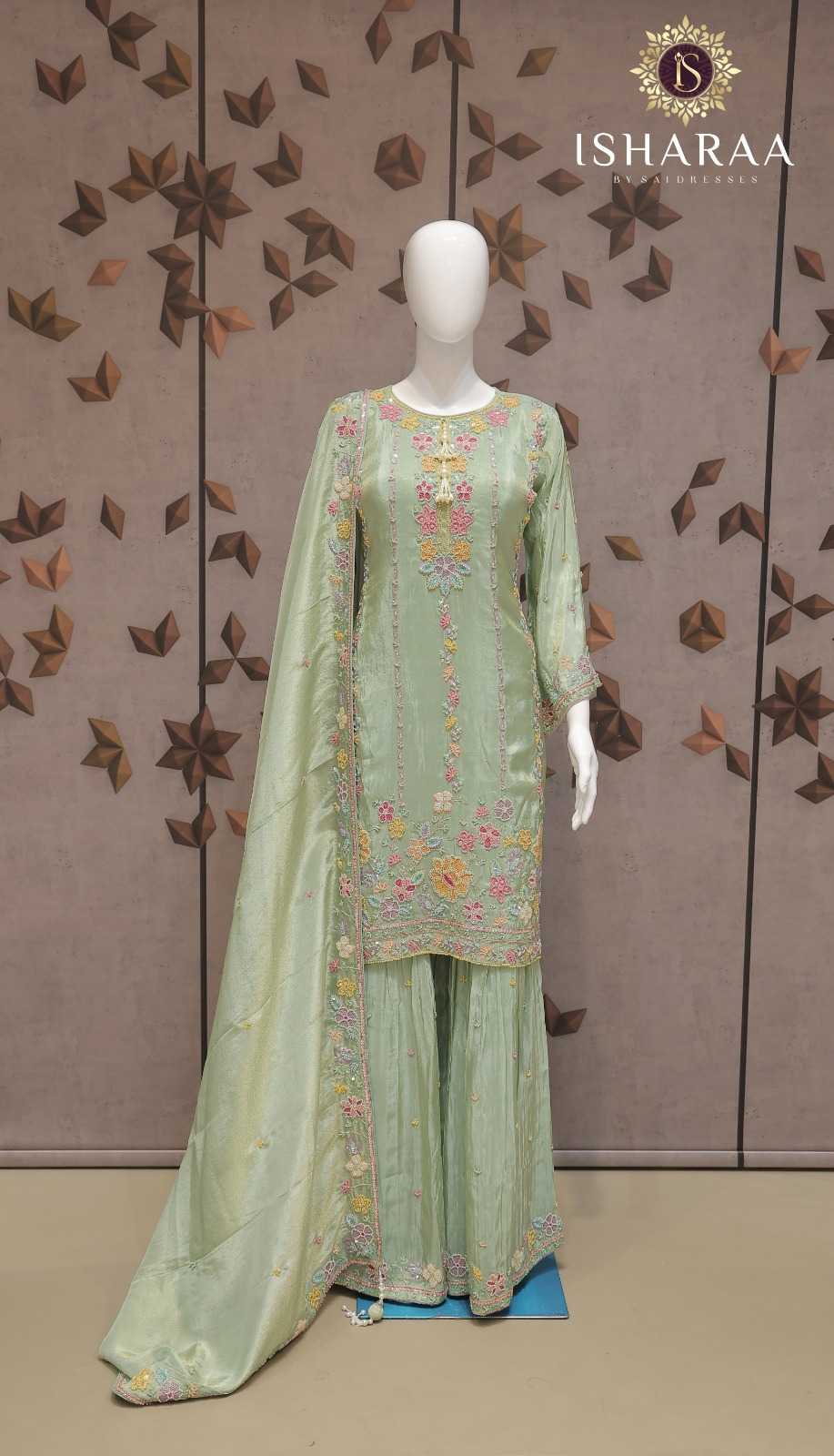PURE VISCOSE SHIMMER PISTA HEAVY FLORAL EMBROIDERED STRAIGHT KURTI SET WITH SHARARA AND MATCHING DUPATTA