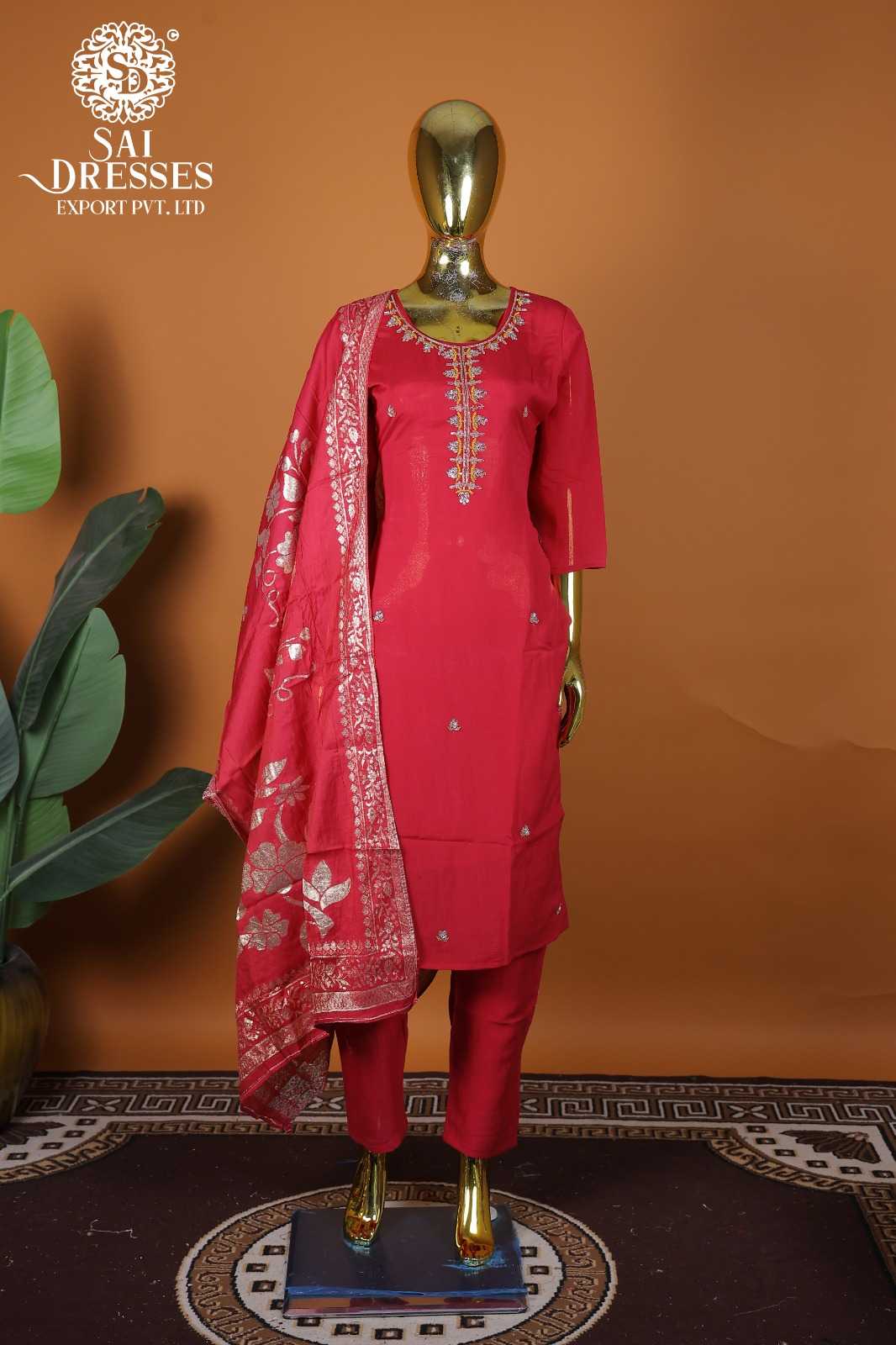 RED VICHITRA SILK HEAVY HANDWORK SALWAR SUIT WITH SILVER ZARI DUPATTA