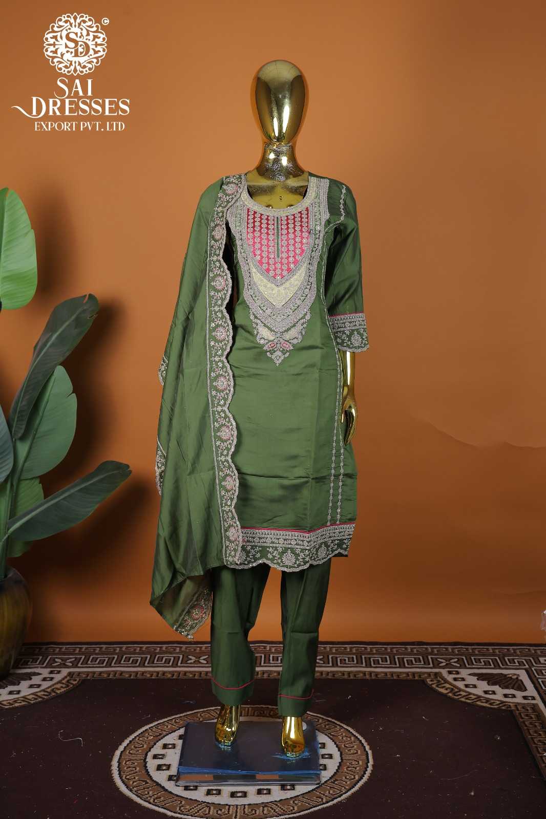 ROMAN SILK HEAVY JARKAN SEQUENCE WORK KURTI PANT DUPATTA SET – OLIVE GREEN SILVER WORK