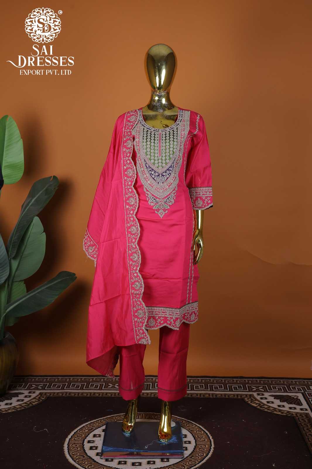 ROMAN SILK HEAVY JARKAN SEQUENCE WORK KURTI PANT DUPATTA SET – RANI PINK SILVER WORK