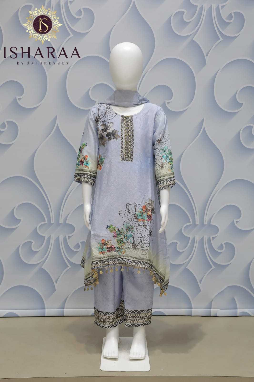 CHINON FABRIC EMBROIDERED KIDS KURTI PANT SET WITH DUPATTA – LAVENDER GREY COLOUR