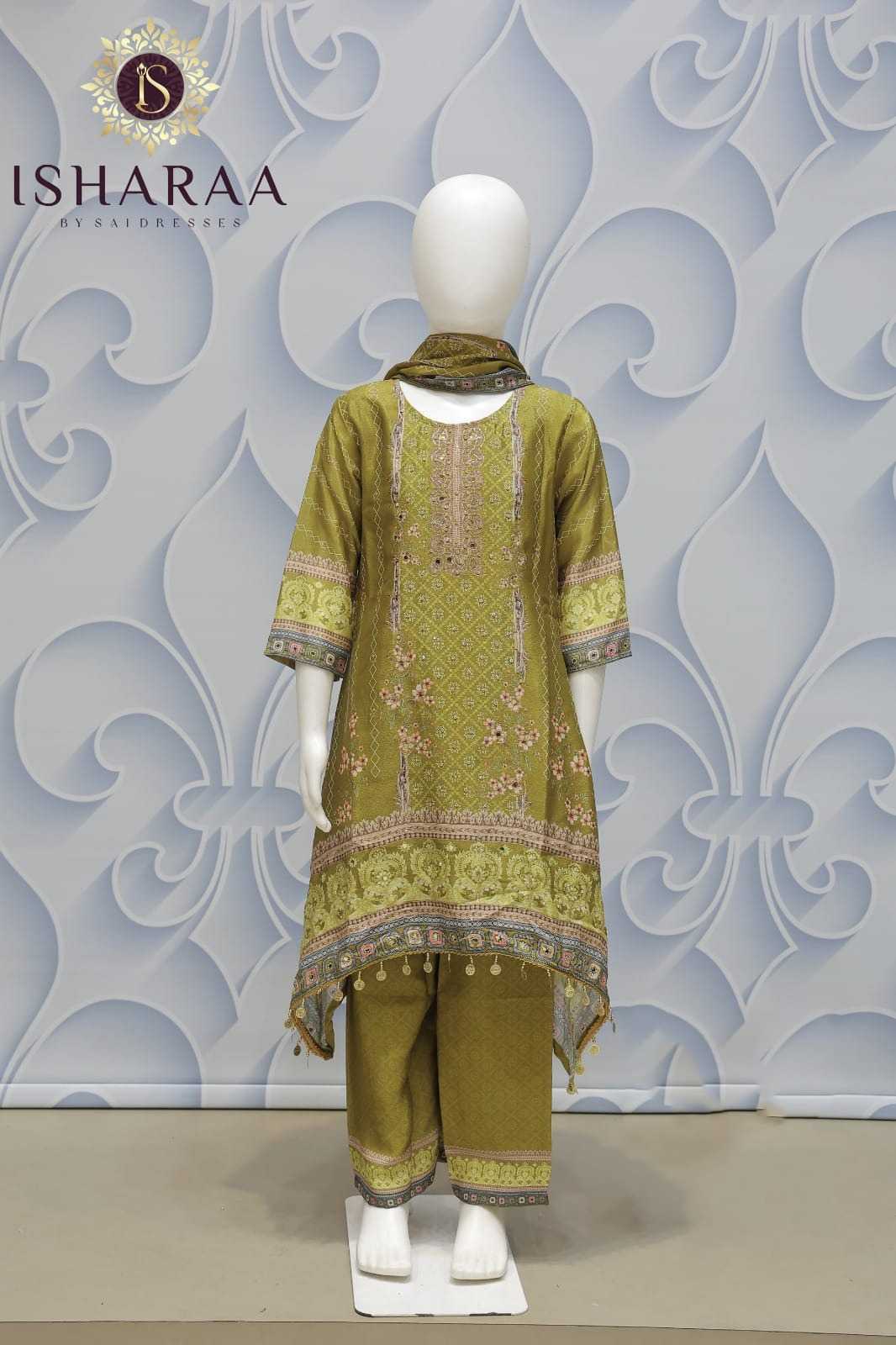 CHINON FABRIC TRADITIONAL WORK KIDS KURTI PANT SET WITH DUPATTA – OLIVE GREEN COLOUR