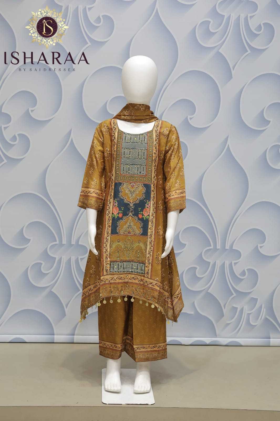 CHINON HEAVY WORK FESTIVE KIDS KURTI PANT SET WITH DUPATTA – MUSTARD BROWN COLOUR