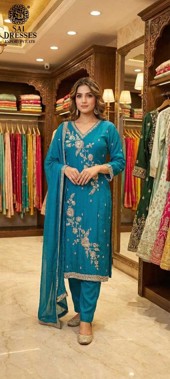 COSMOSS TEAL BLUE COLOUR SUIT WITH HEAVY BITS WORK EMBROIDERY AND DESIGNER DUPATTA