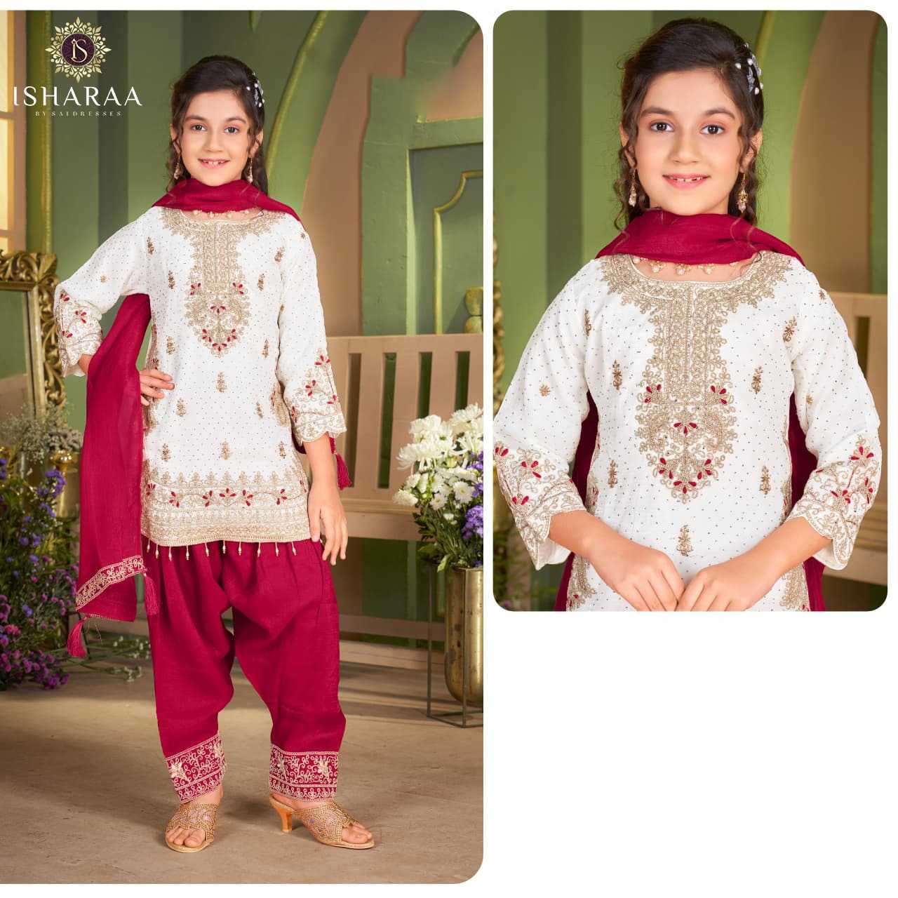 CRUNCHY SILK FESTIVE EMBROIDERED KIDS PATIALA SUIT WITH DUPATTA – OFF WHITE & RED COLOUR