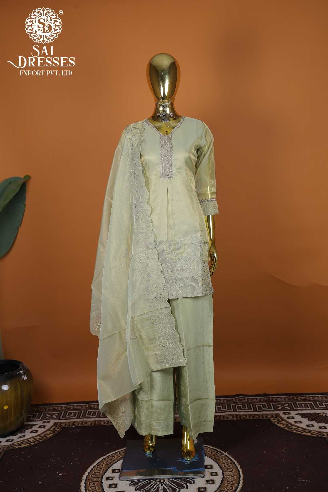 DESIGNER PISTACHIO GREEN PURE SHIMMER KURTA SET WITH HEAVY EMBROIDERY & CUT WORK
