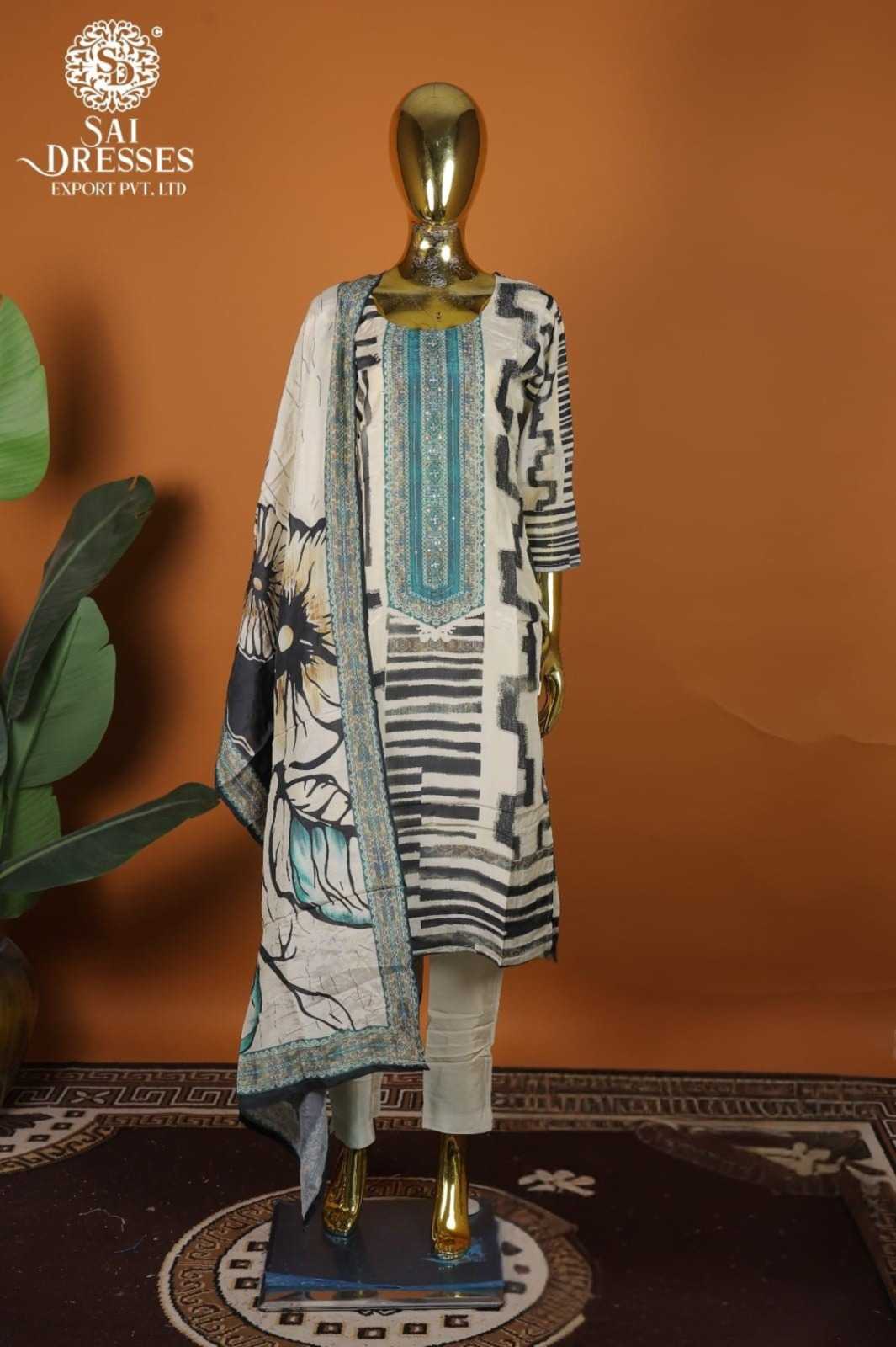 DESIGNER PURE MASLIN FABRIC SUIT SET IN OFF WHITE BLACK WITH INTRICATE HAND EMBROIDERY AND STATEMENT DUPATTA