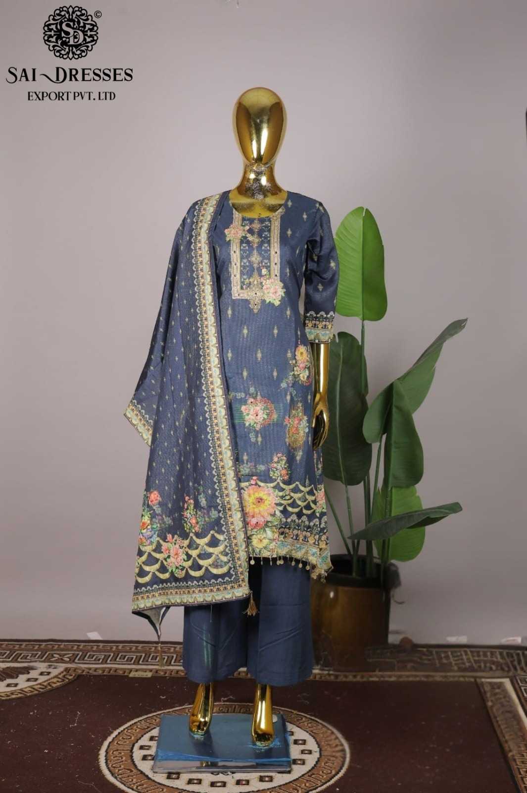 ELEGANT GREY SHIMMER SUIT WITH DELICATE FLORAL WORK AND CONTRAST BLUE DUPATTA