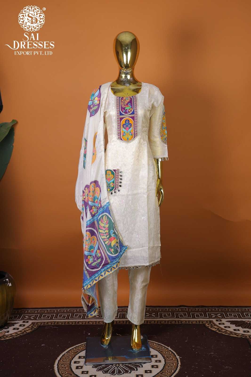 ELEGANT OFF WHITE PURE SHIMMER READYMADE SUIT WITH PURPLE & MULTICOLOUR POSITION PRINT WORK AND DESIGNER DUPATTA – PREMIUM OCCASION WEAR