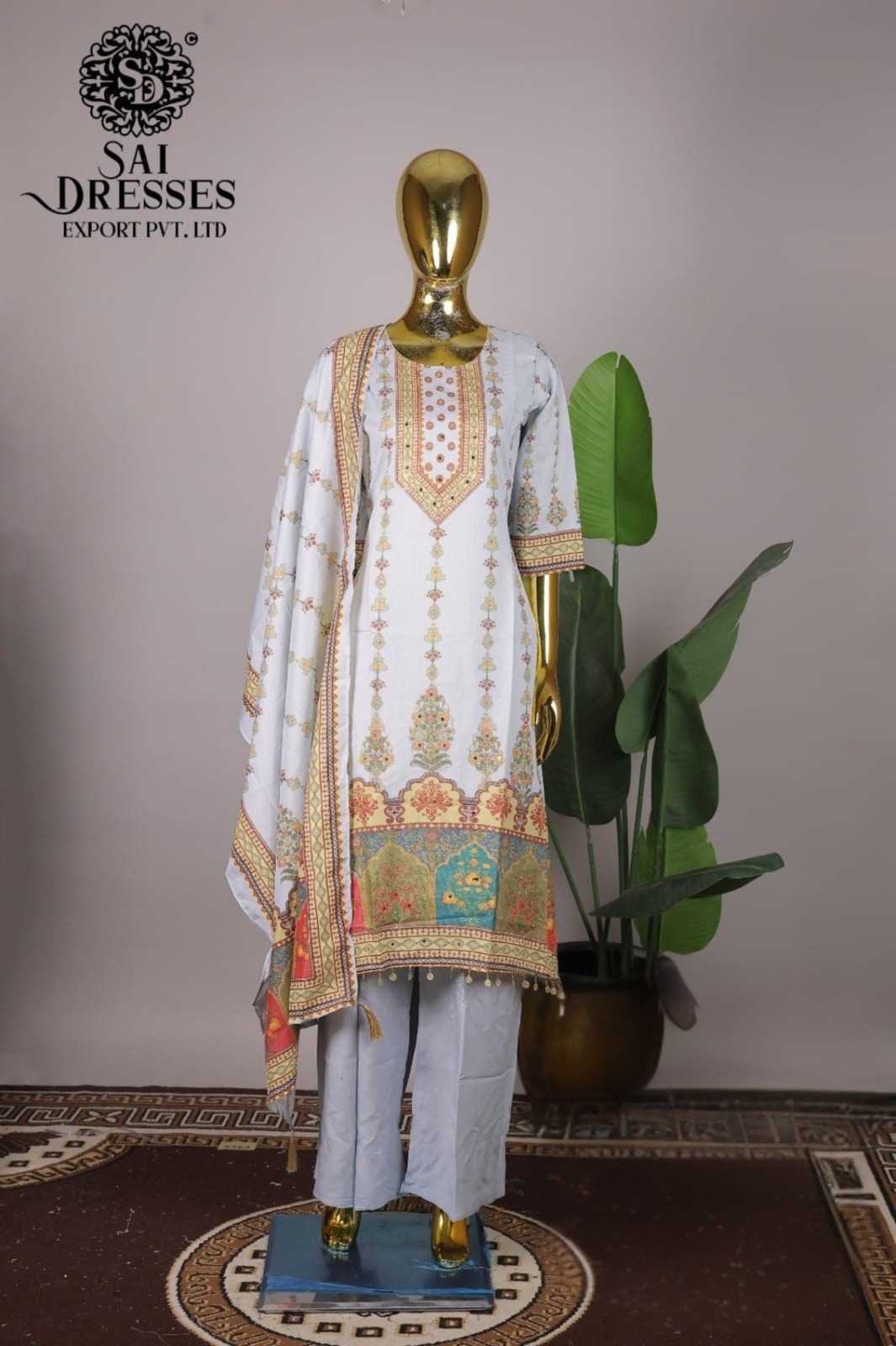 ELEGANT SOFT GREY BASE SHIMMER SUIT WITH DELICATE FLORAL WORK AND CONTRAST BLUE DUPATTA