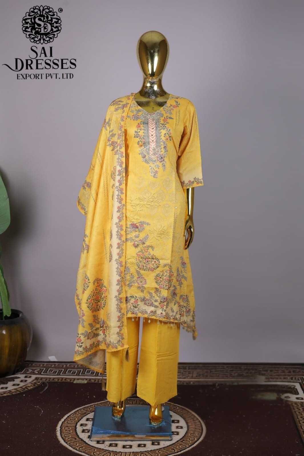 ELEGANT YELLOW SHIMMER SUIT WITH DELICATE FLORAL WORK AND CONTRAST BLUE DUPATTA