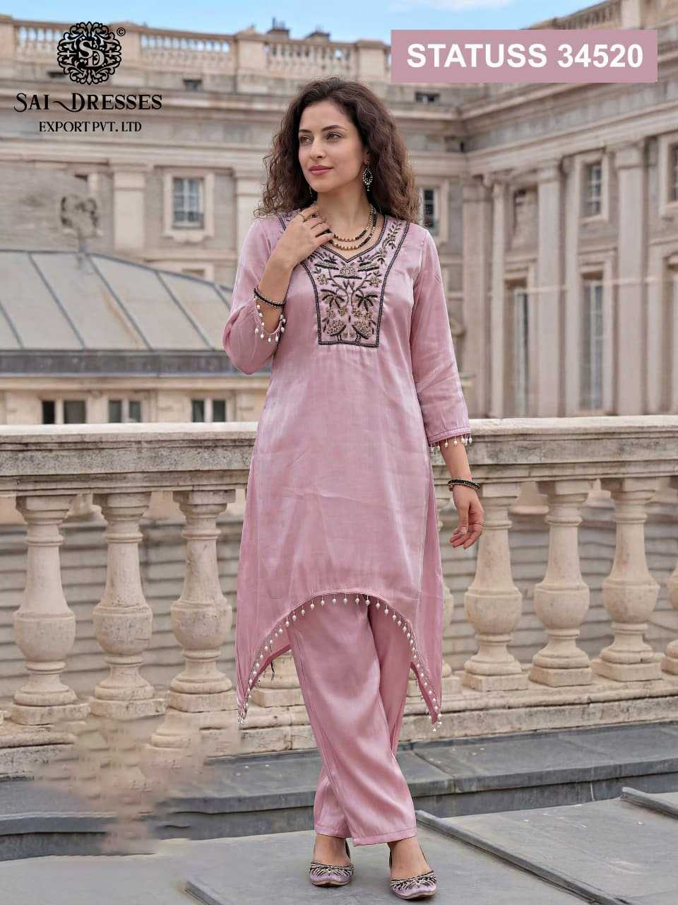 GLASS ROMAN DUSTY ROSE DESIGNER KURTI PANT SET WITH PREMIUM HEAVY HANDWORK EMBROIDERY