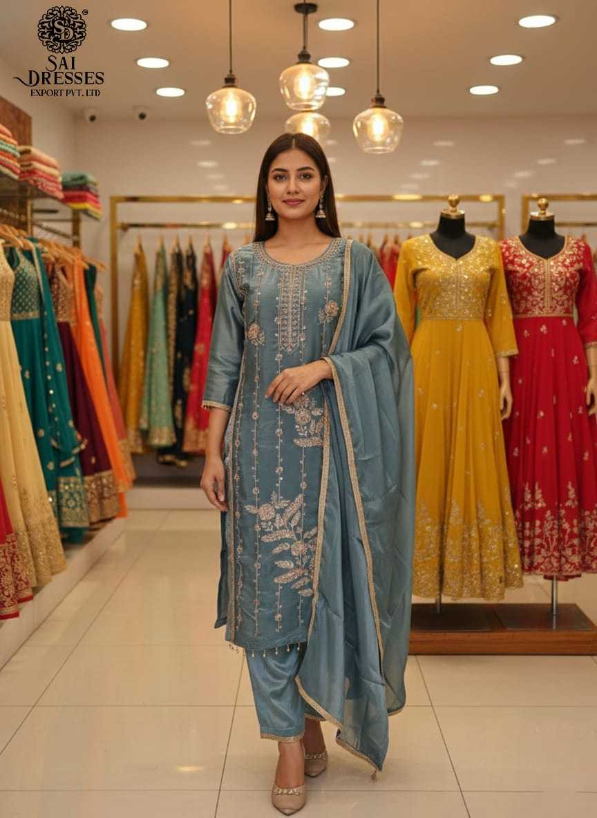 JIMICHU STEEL BLUE COLOUR SUIT WITH HEAVY BEEDS WORK EMBROIDERY AND ELEGANT DUPATTA SET