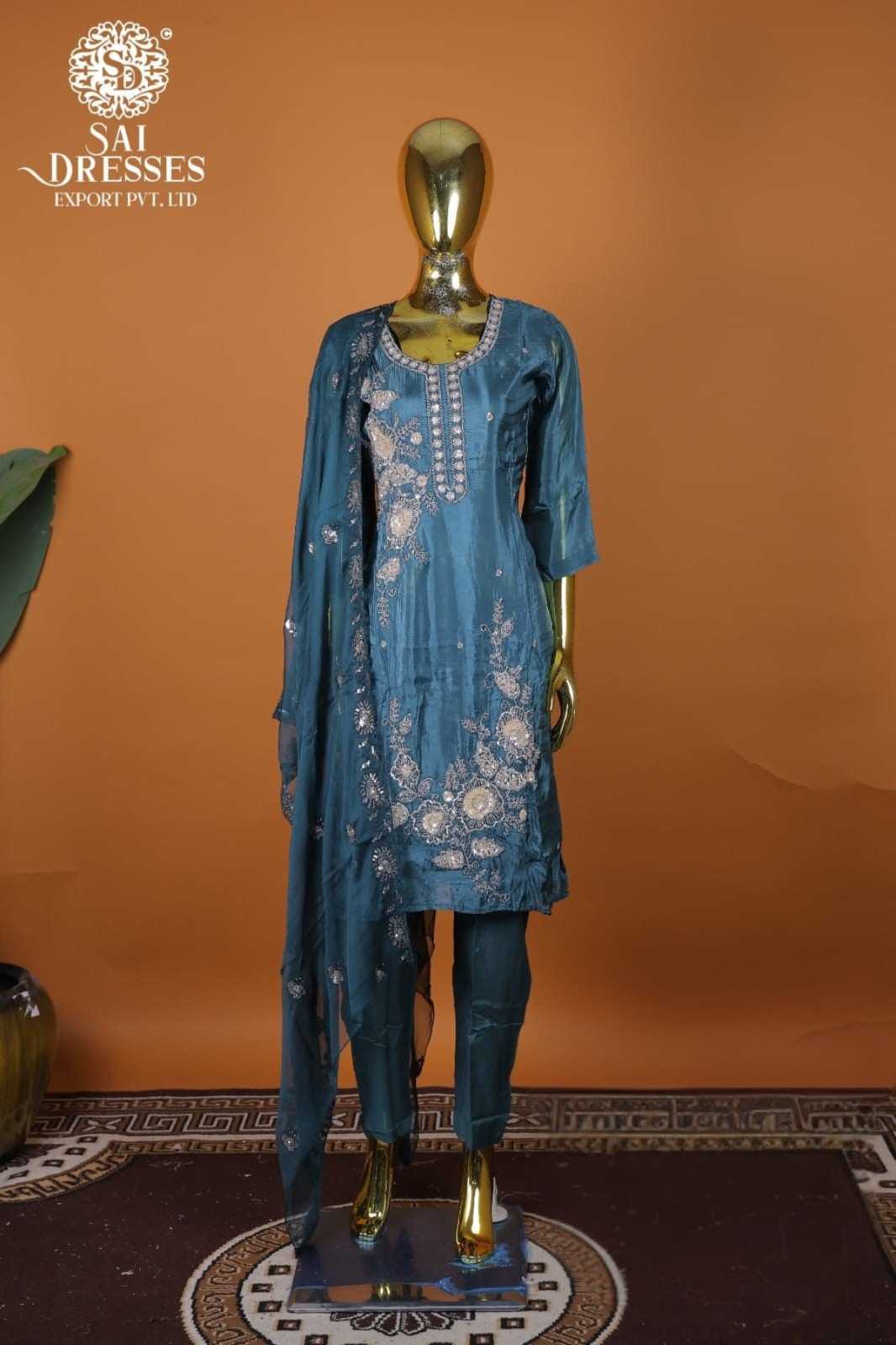 LUXURY PEACOCK BLUE NATURAL CREPE SUIT WITH INTRICATE HEAVY HAND EMBROIDERY