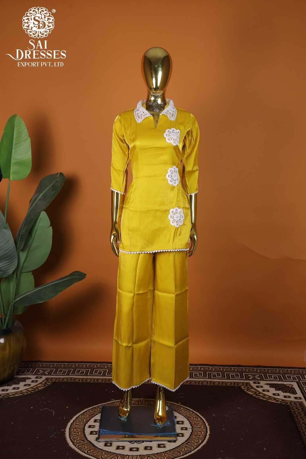 PREMIUM GLASS ROMAN FABRIC CO-ORD SET WITH ELEGANT GPO LACES WORK AND DESIGNER COLLAR – MUSTARD YELLOW