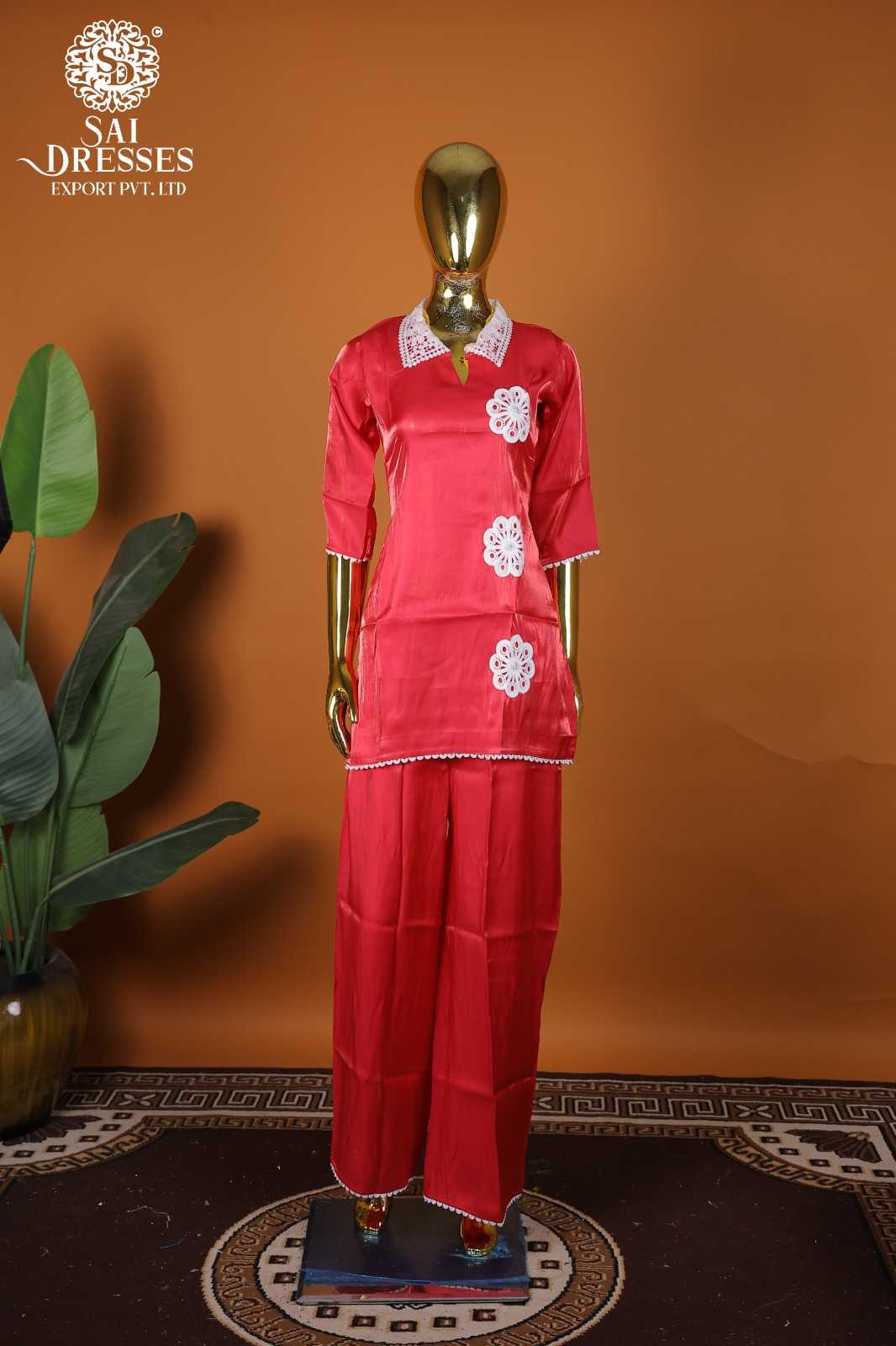 PREMIUM GLASS ROMAN FABRIC CO-ORD SET WITH ELEGANT GPO LACES WORK AND DESIGNER COLLAR – RED