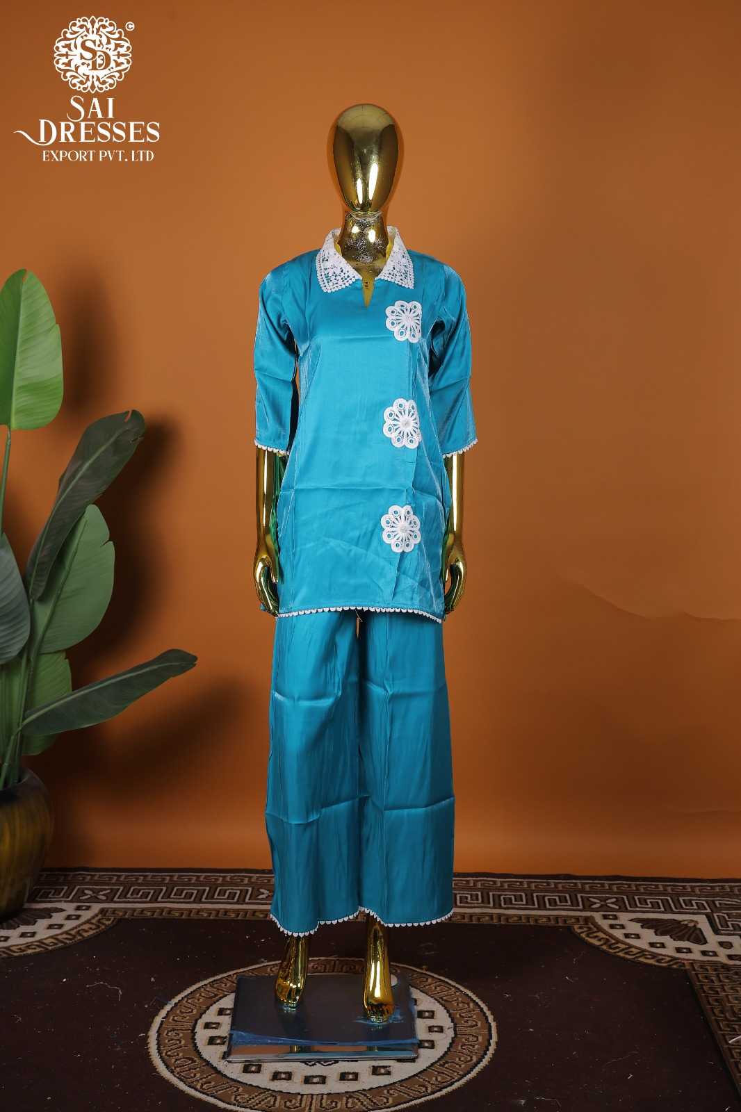 PREMIUM GLASS ROMAN FABRIC CO-ORD SET WITH ELEGANT GPO LACES WORK AND DESIGNER COLLAR – SKY BLUE