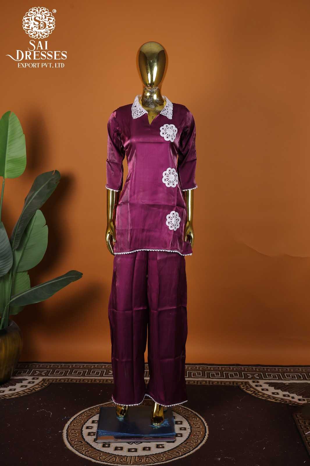 PREMIUM GLASS ROMAN FABRIC CO-ORD SET WITH ELEGANT GPO LACES WORK AND DESIGNER COLLAR – WINE COLOUR
