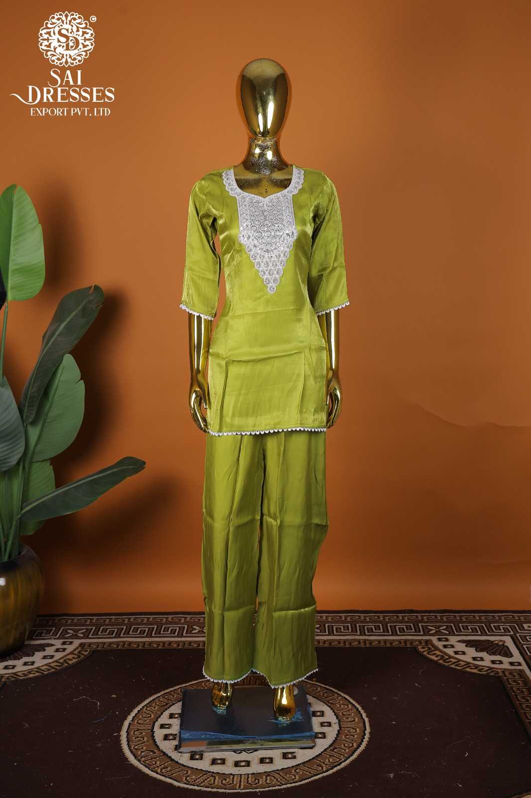 PREMIUM GLASS ROMAN LIME GREEN KURTA SET WITH RICH HEAVY EMBROIDERED NECK DESIGN AND STYLISH PALAZZO – FESTIVE & OCCASION WEAR