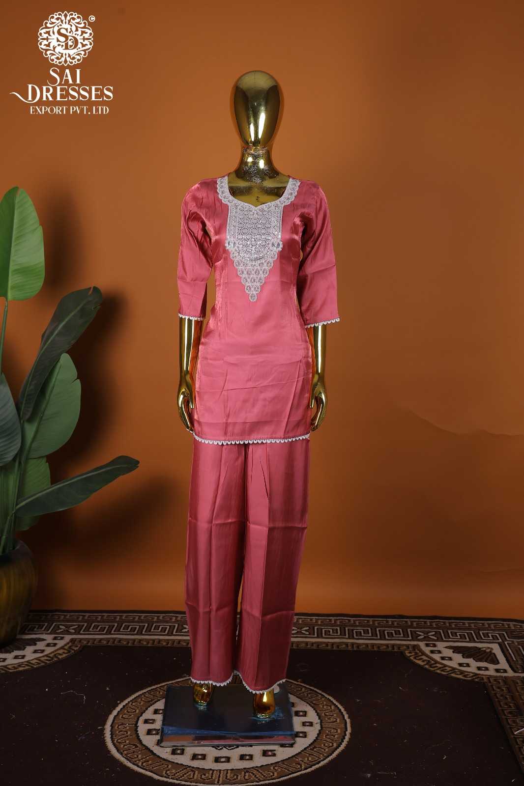 PREMIUM GLASS ROMAN ROSE PINK KURTA SET WITH HEAVY WHITE EMBROIDERED NECK PATTERN AND CLASSIC PALAZZO – PARTY & FESTIVE COLLECTION