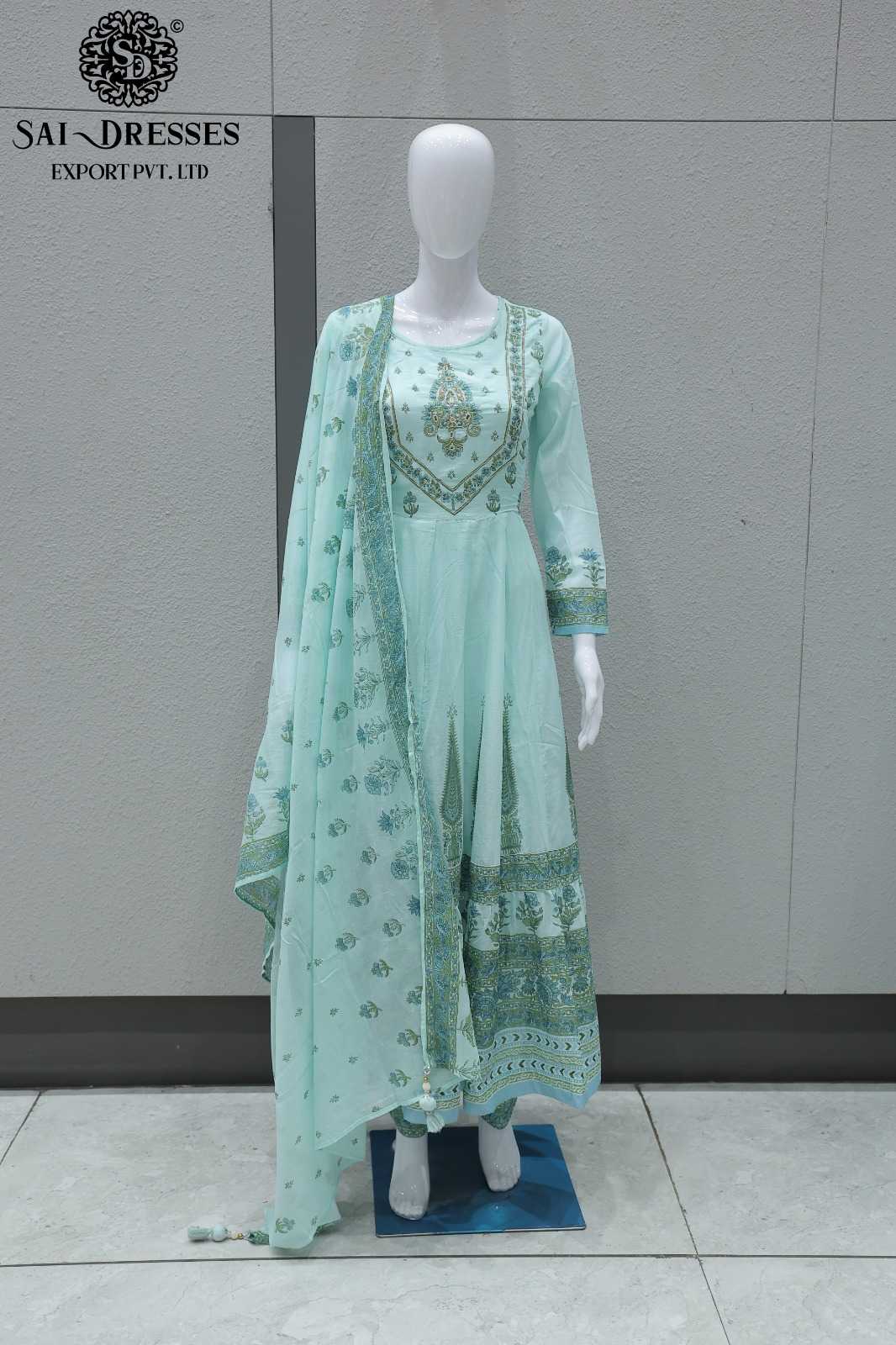 PREMIUM PURE COTTON HANDWORK AND DIGITAL PRINT ANARKALI DRESS SET WITH DUPATTA – MINT GREEN