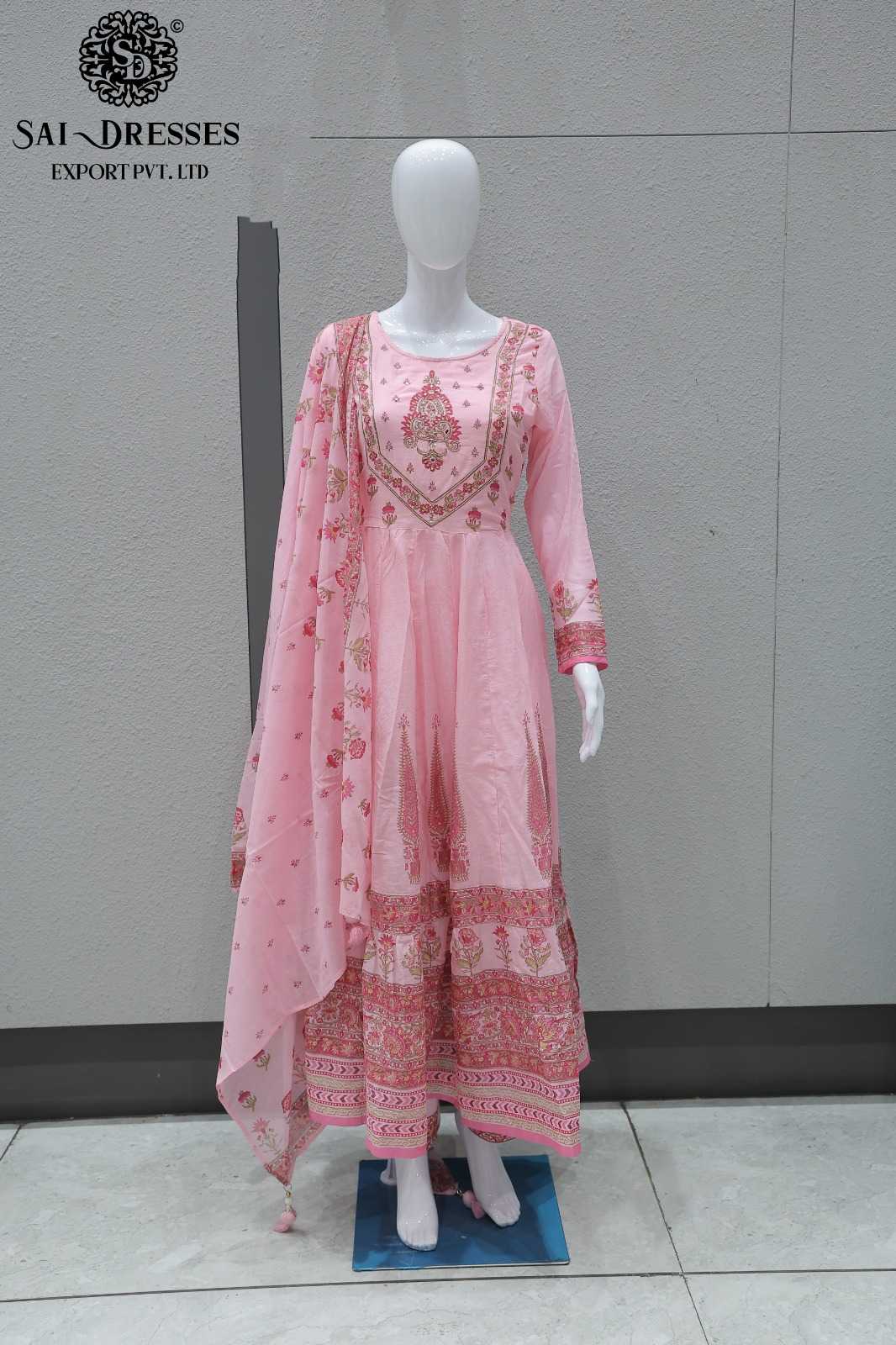 PREMIUM PURE COTTON HANDWORK AND DIGITAL PRINT ANARKALI DRESS SET WITH DUPATTA – PINK
