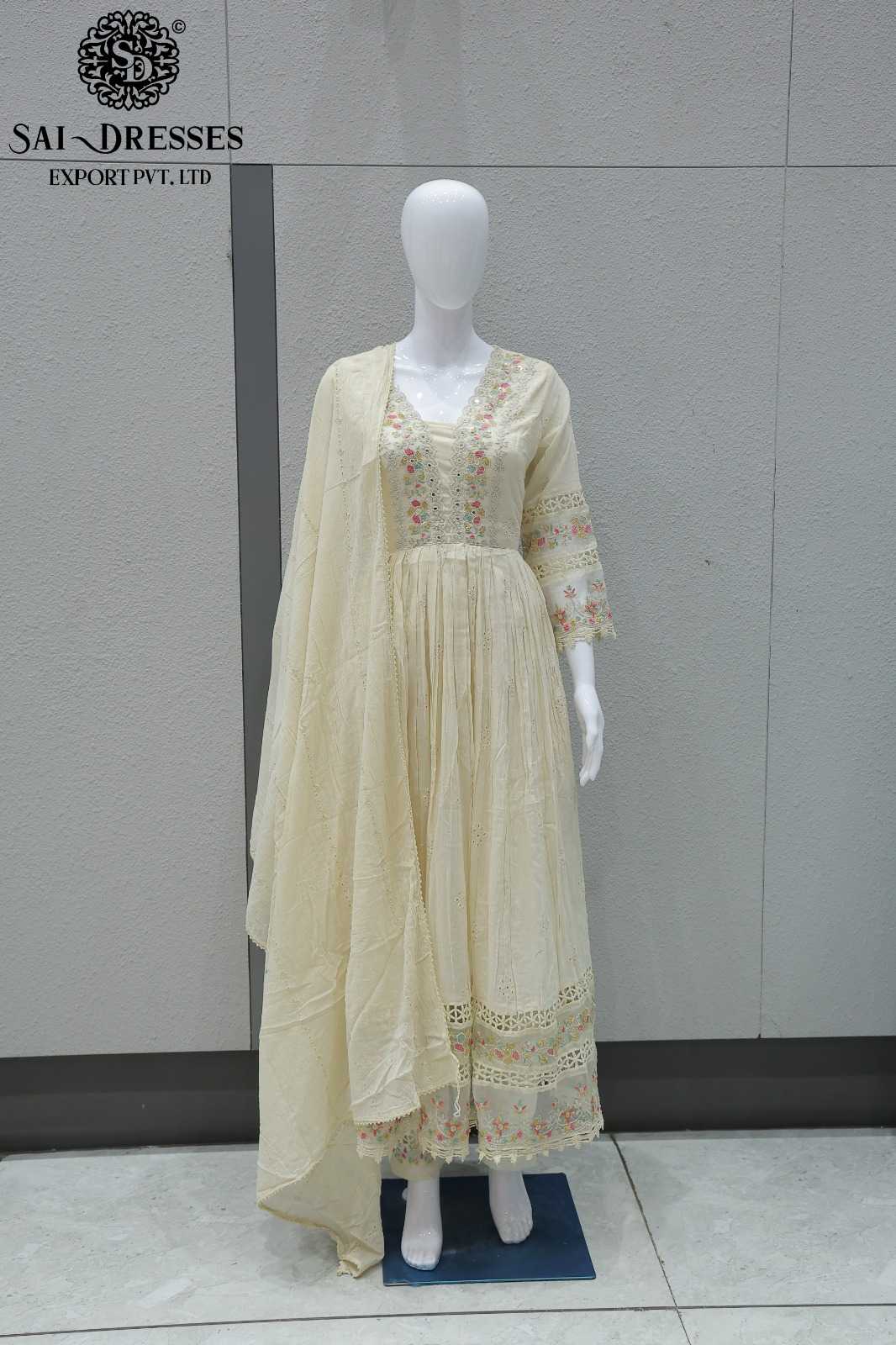 PREMIUM PURE MAL COTTON HEAVY EMBROIDERED ANARKALI DRESS SET WITH DUPATTA – CREAM