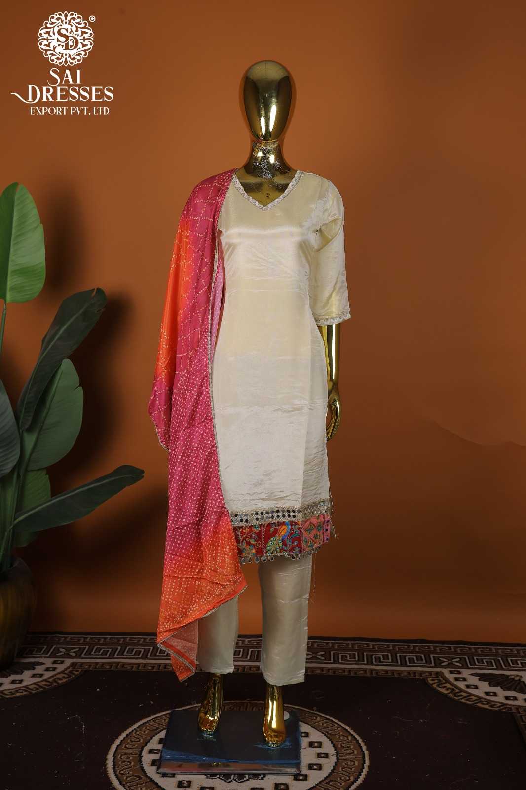 PREMIUM PURE SHIMMER CREAM STRAIGHT KURTA SET WITH ELEGANT BORDER DETAIL AND VIBRANT PINK-ORANGE POSITIVE PRINT DUPATTA – FESTIVE & PARTY WEAR COLLECTION