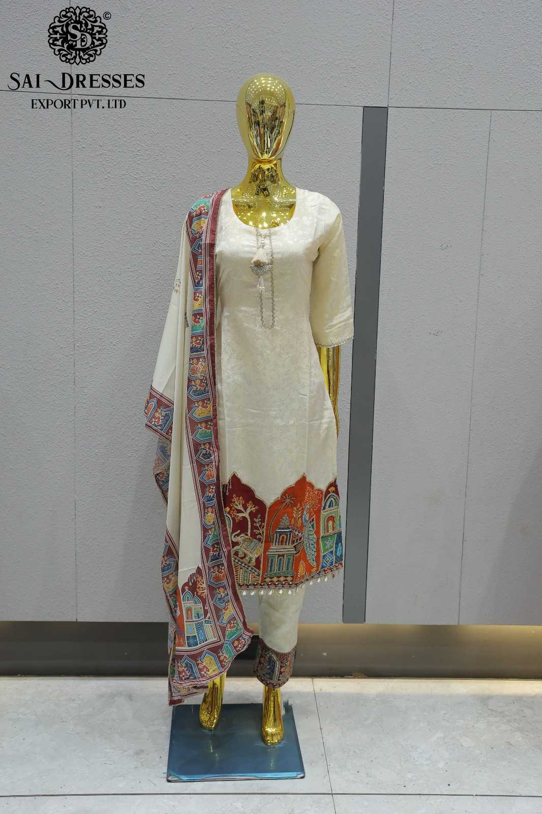 PREMIUM PURE SHIMMER HEAVY POSITION PRINT DESIGNER DRESS SET WITH DUPATTA – OFF WHITE