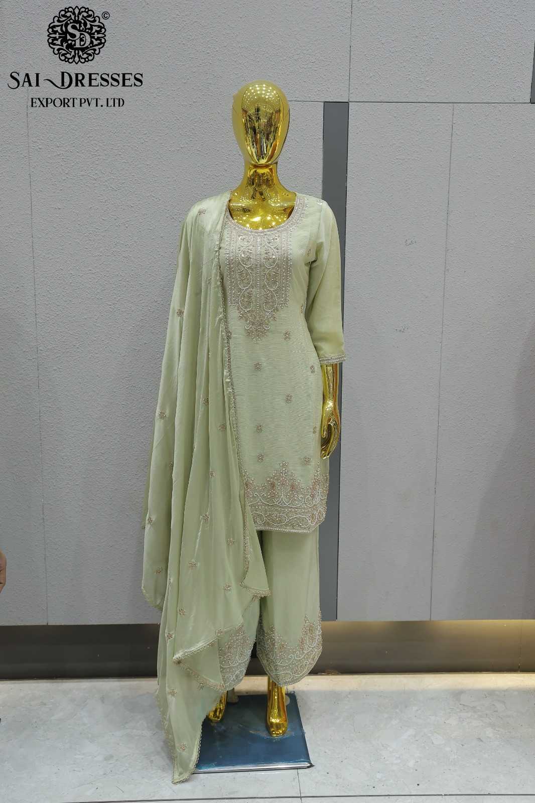 PREMIUM PURE VISCOSE CHINON HEAVY HANDWORK DESIGNER DRESS SET WITH DUPATTA – PISTA GREEN