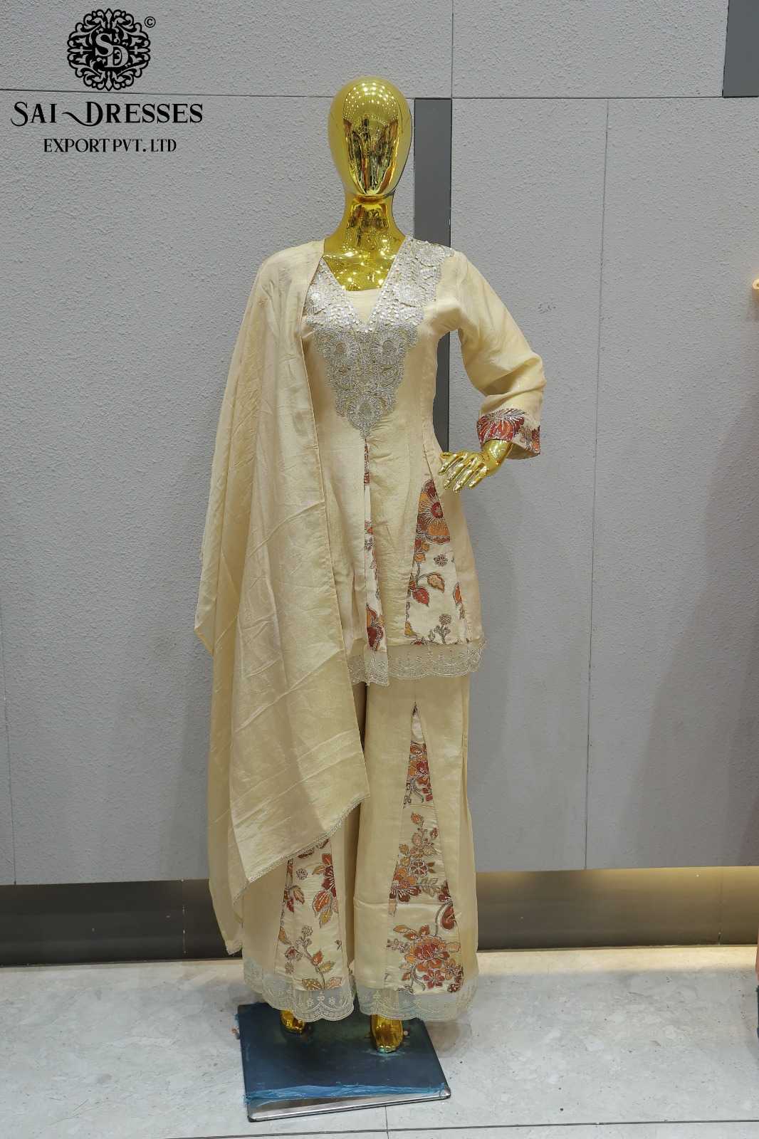 PREMIUM PURE VISCOSE SHIMMER HEAVY SEQUENCE EMBROIDERY DESIGNER DRESS SET WITH DUPATTA – GOLDEN BEIGE