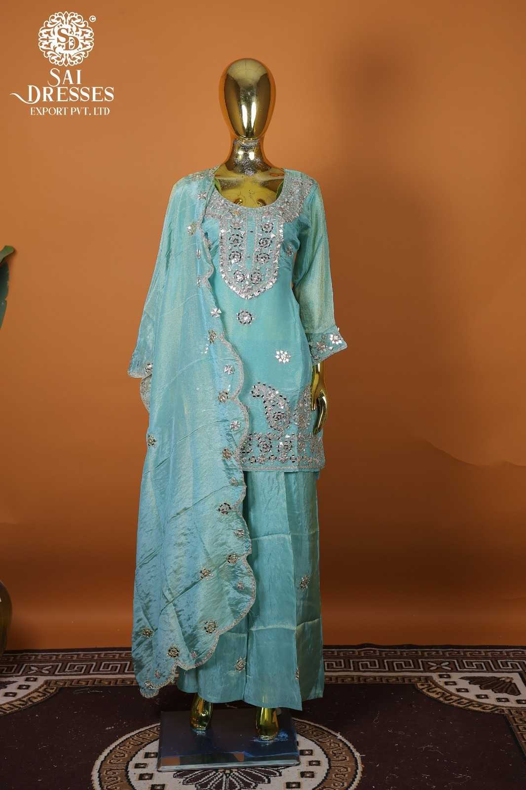 PREMIUM SEA GREEN PURE VISCOSE SHIMMER READYMADE SUIT WITH HEAVY MIRROR WORK & DESIGNER DUPATTA – LUXURY FESTIVE, WEDDING & OCCASION WEAR COLLECTION
