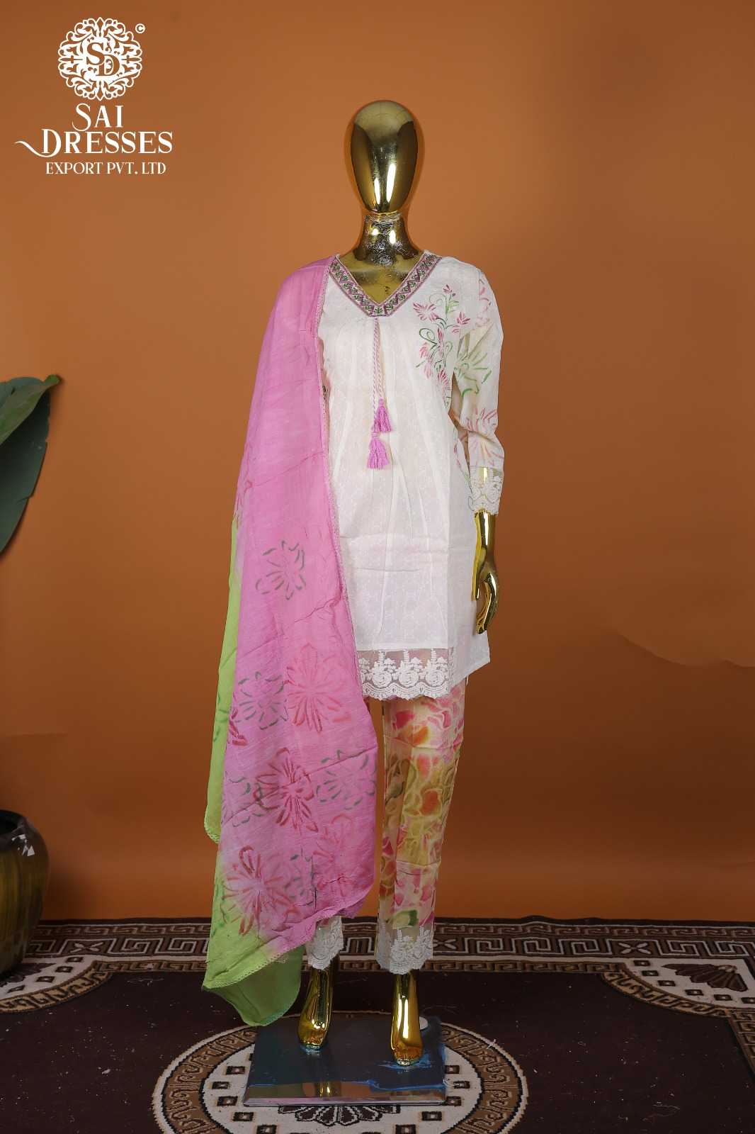 PREMIUM WHITE PURE COTTON DRESS WITH PINK & GREEN FLORAL WORK AND DUPATTA