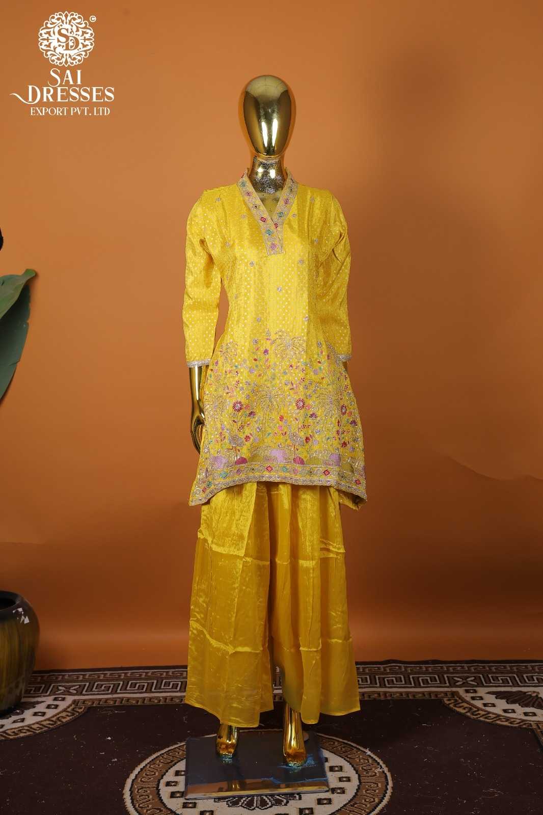 PREMIUM YELLOW PURE JACQUARD SHIMMER KURTI BOTTOM SET WITH HEAVY HAND WORK & RICH EMBELLISHED DETAILING – ELEGANT FESTIVE, WEDDING & OCCASION WEAR COLLECTION