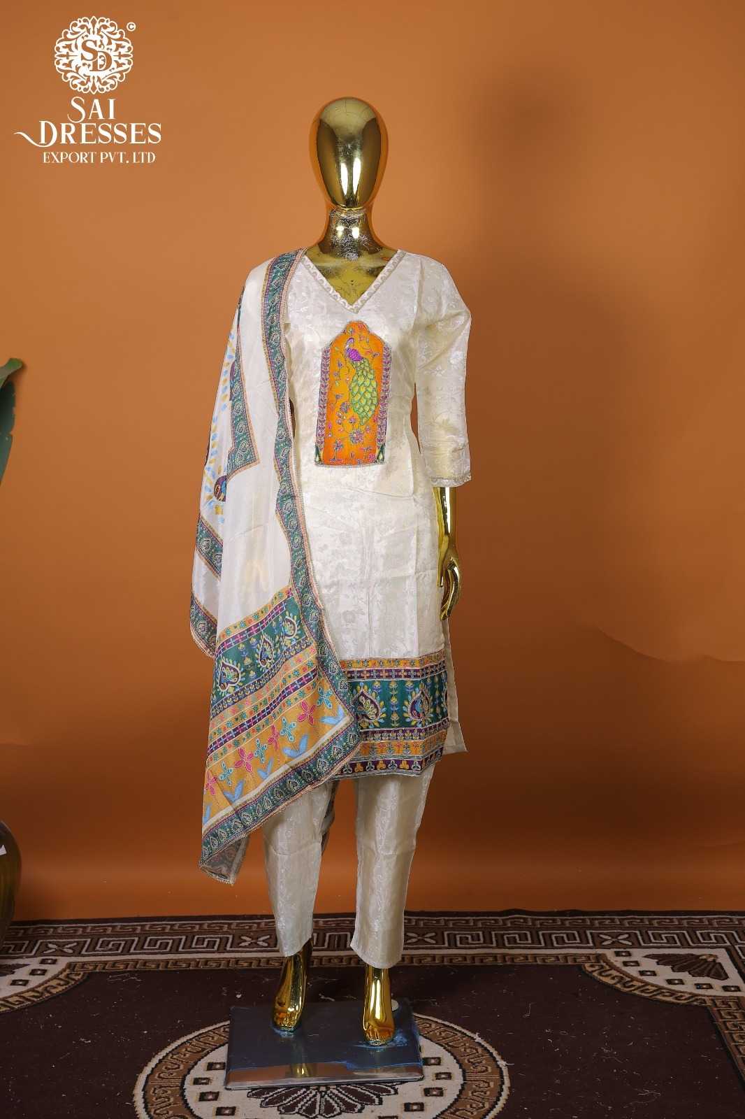 STYLISH OFF WHITE PURE SHIMMER READYMADE SUIT WITH MUSTARD POSITION PRINT WORK & CONTRAST DUPATTA – TRENDING FESTIVE COLLECTION