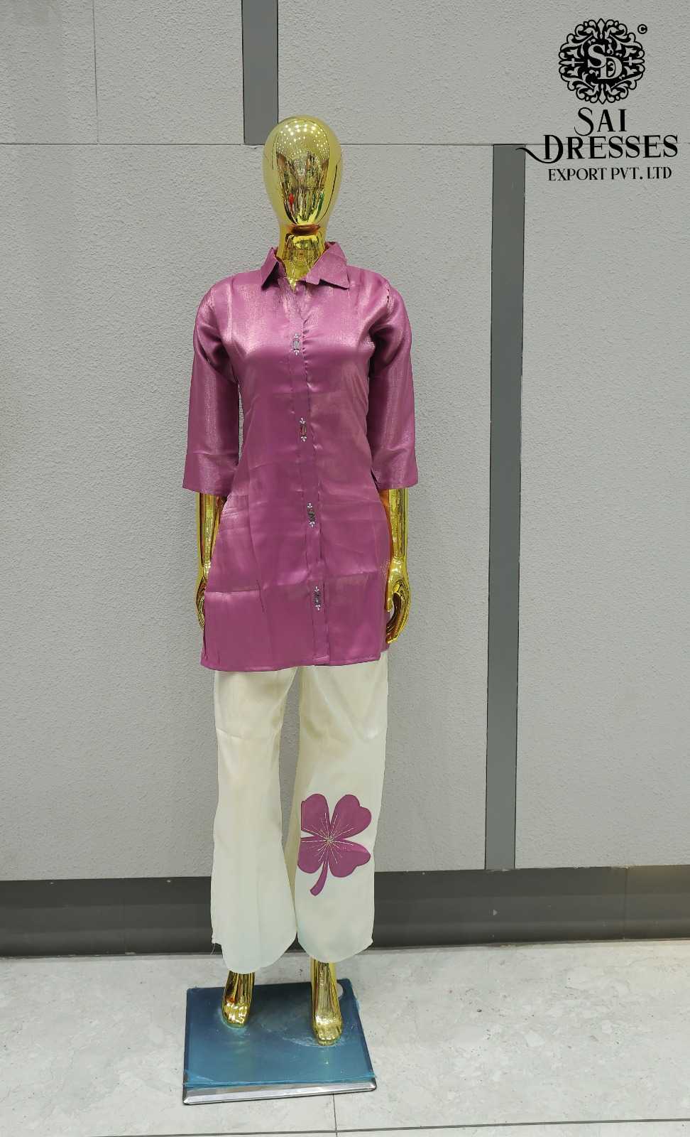 GLASS ORGANZA WITH WORK DESIGNER TOP AND OFF WHITE BOTTOM SET IN MAUVE PINK