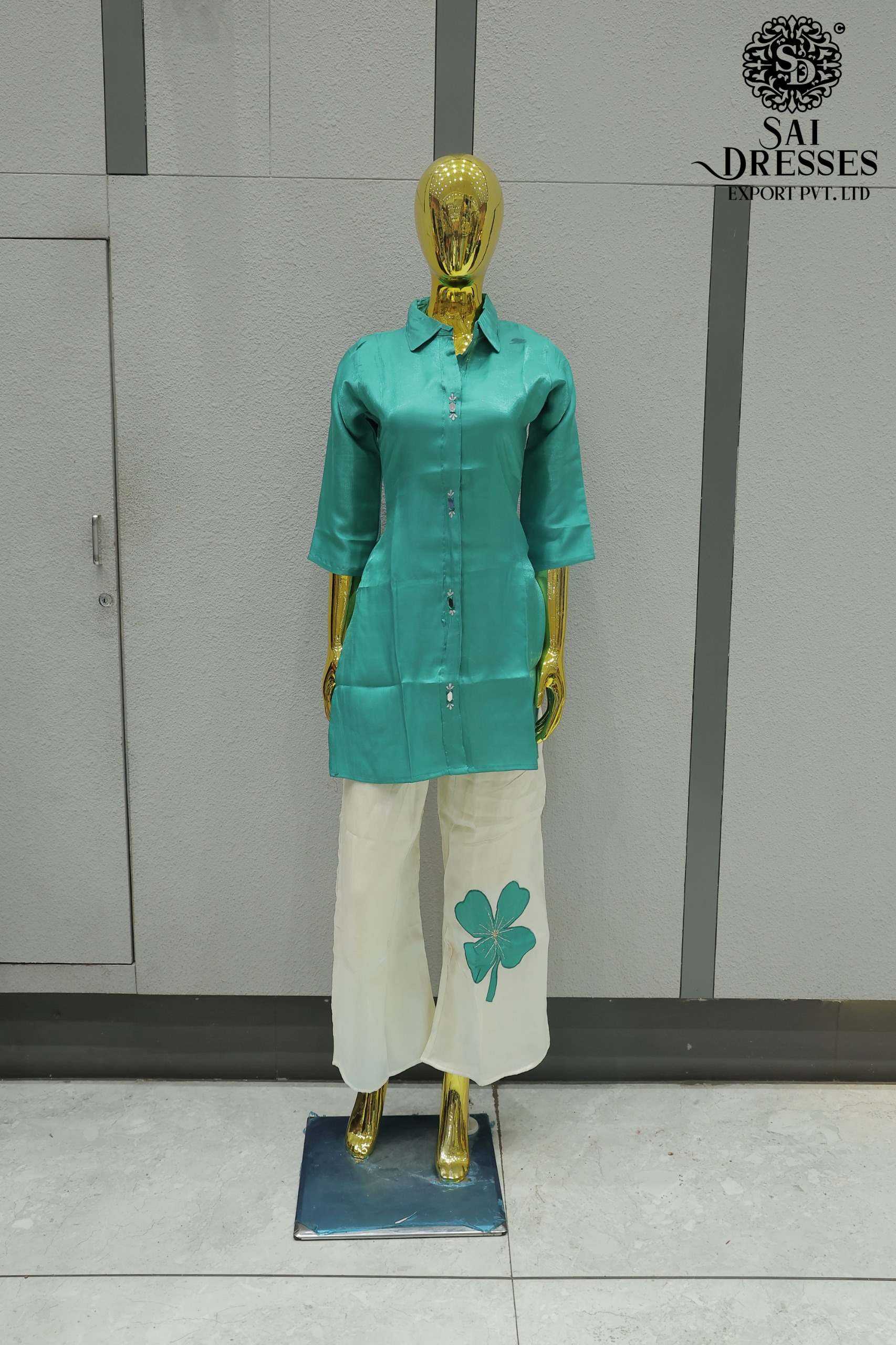 GLASS ORGANZA WITH WORK DESIGNER TOP AND OFF WHITE BOTTOM SET IN SEA GREEN