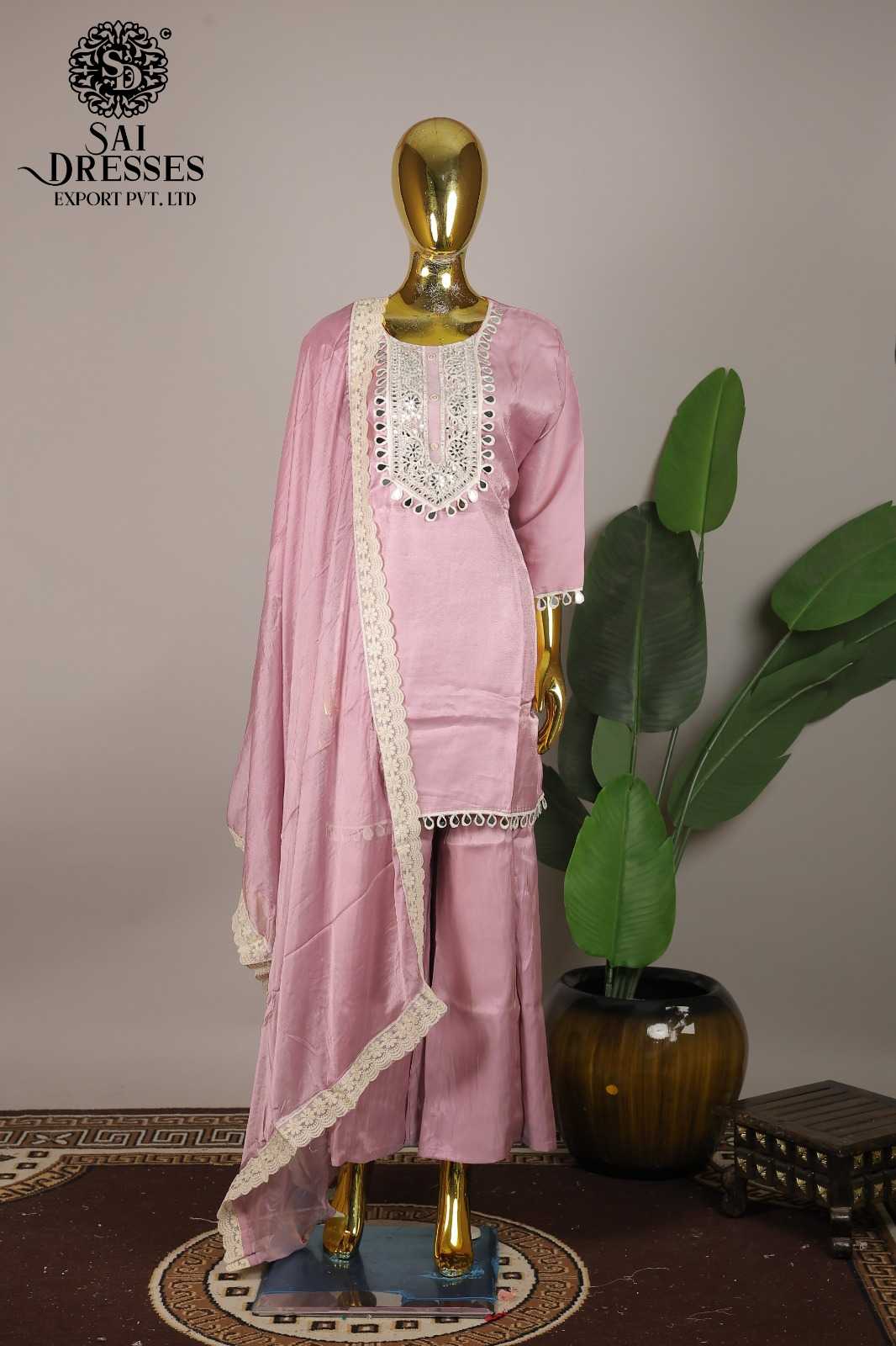 GLASS ROMAN DUSTY PINK HEAVY MIRROR WORK KURTI PALAZZO WITH DUPATTA SET