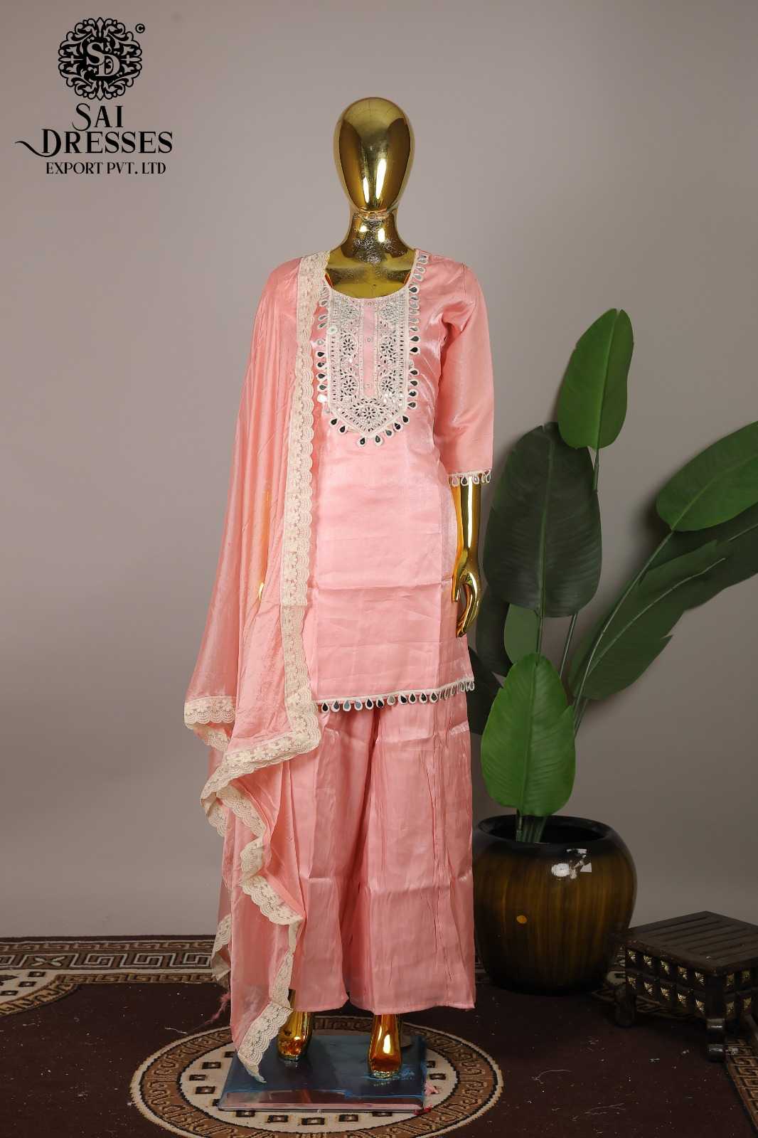 GLASS ROMAN PEACH HEAVY MIRROR WORK KURTI PALAZZO WITH DUPATTA SET